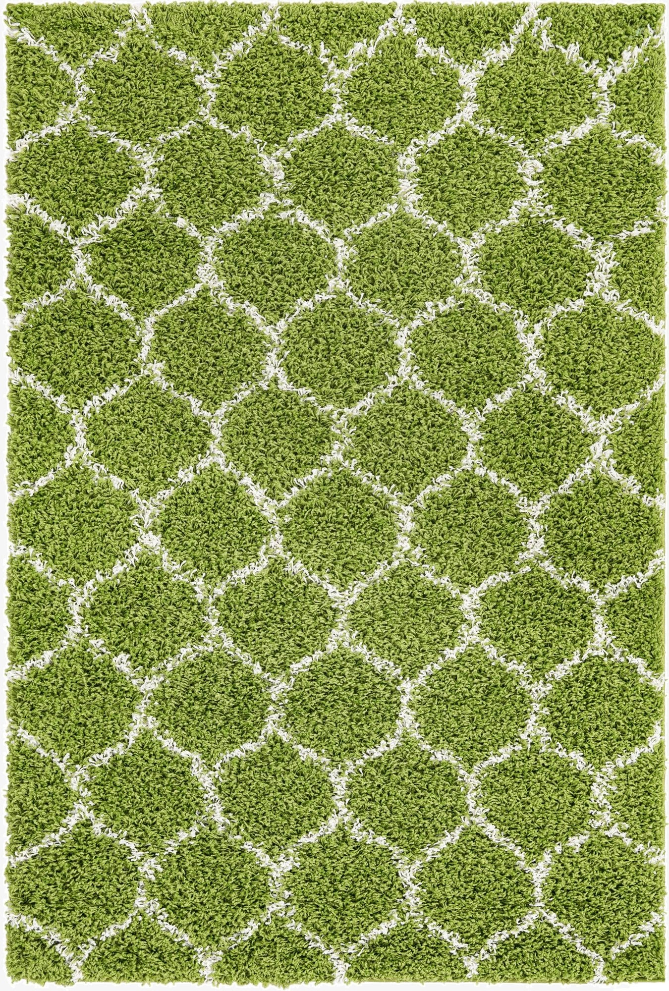 A 4x6 rectangular green shag rug with a modern white lattice pattern, featuring a textured high/low pile.