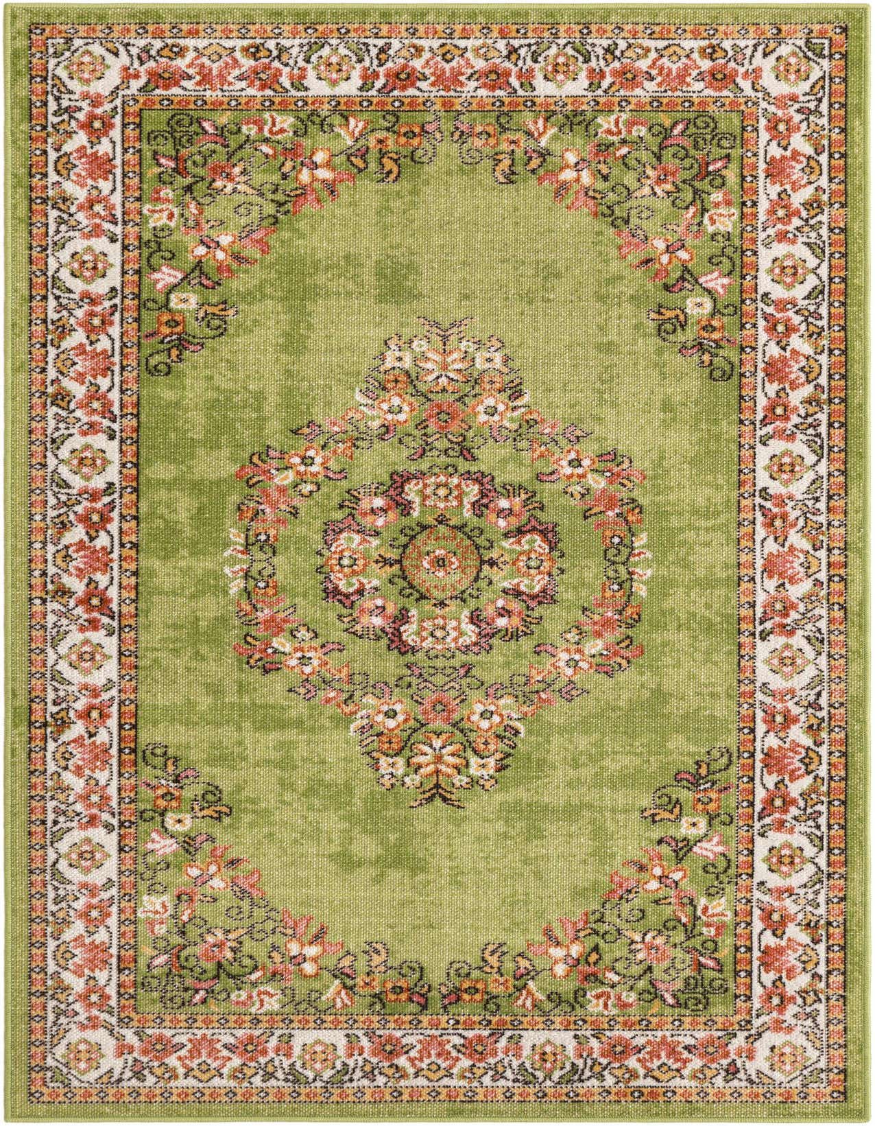 A 3x5 rectangular Lucerne rug in shades of green with a traditional floral medallion pattern and a decorative border.