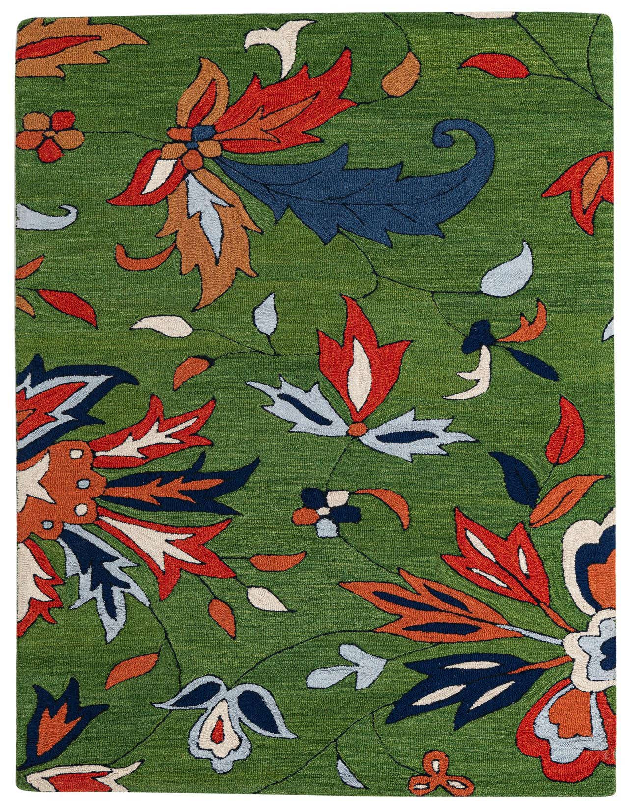 A 5x8 rectangular green area rug with a vibrant modern floral pattern in red, blue, and orange.