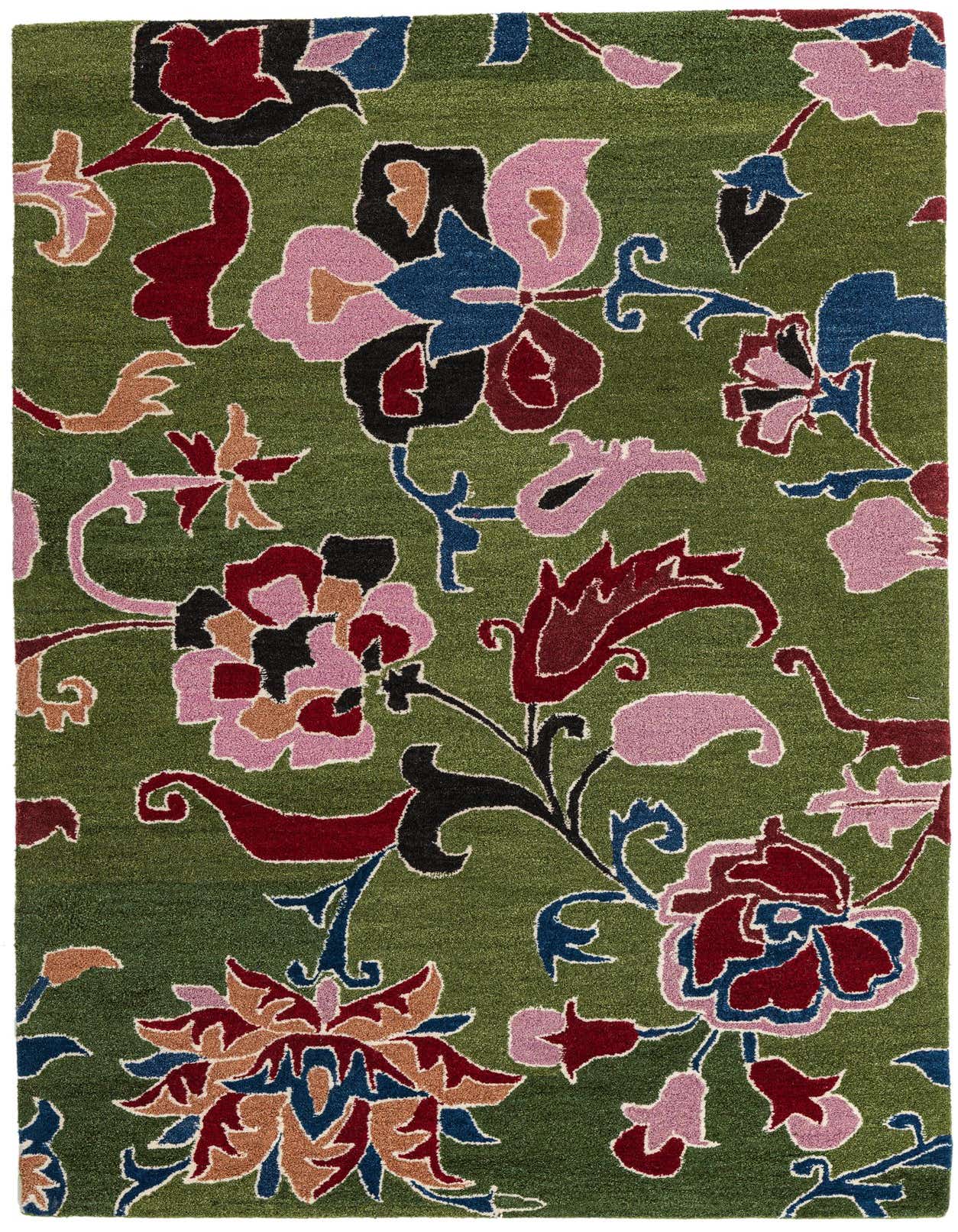 A 5x8 rectangular Luna rug with a high pile, featuring a modern floral pattern in various shades of green, pink, red, blue, and black.