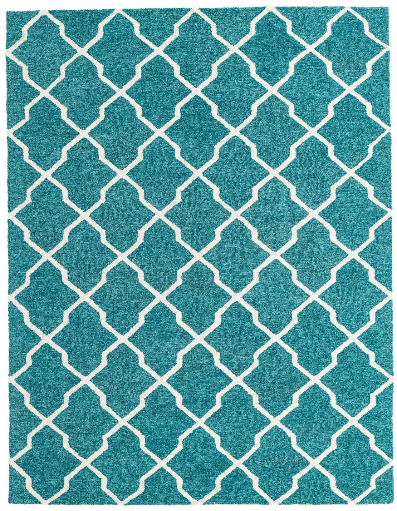 A 5x8 rectangular Luna rug in a vibrant teal green with a modern white abstract geometric pattern, suitable for a living room.