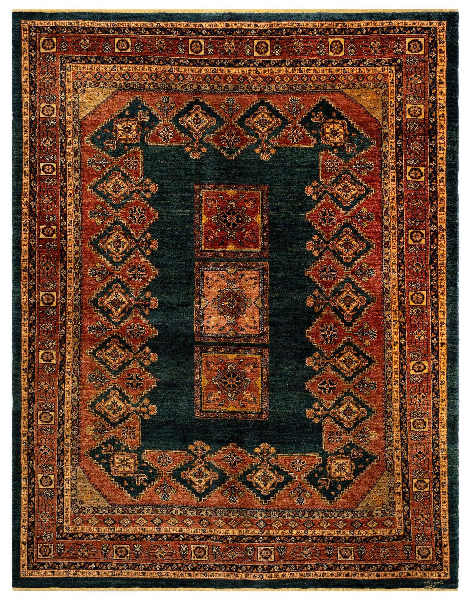 A 5x8 rectangular Luribaft Persian rug with a deep green field and intricate rust, gold, and blue traditional patterns.
