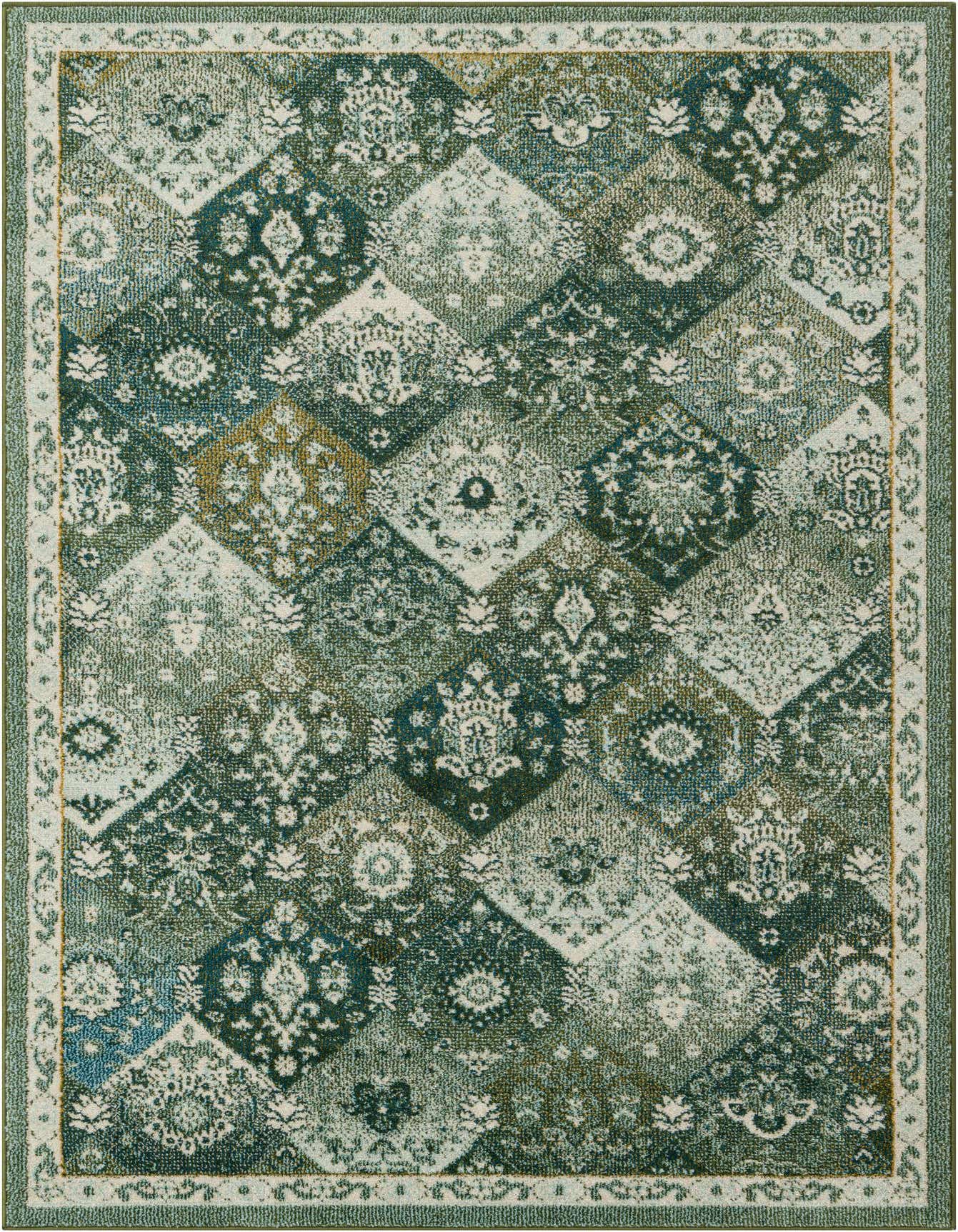 A 5x8 rectangular indoor rug featuring a distressed bohemian trellis pattern in various shades of green, teal, and hints of gold.