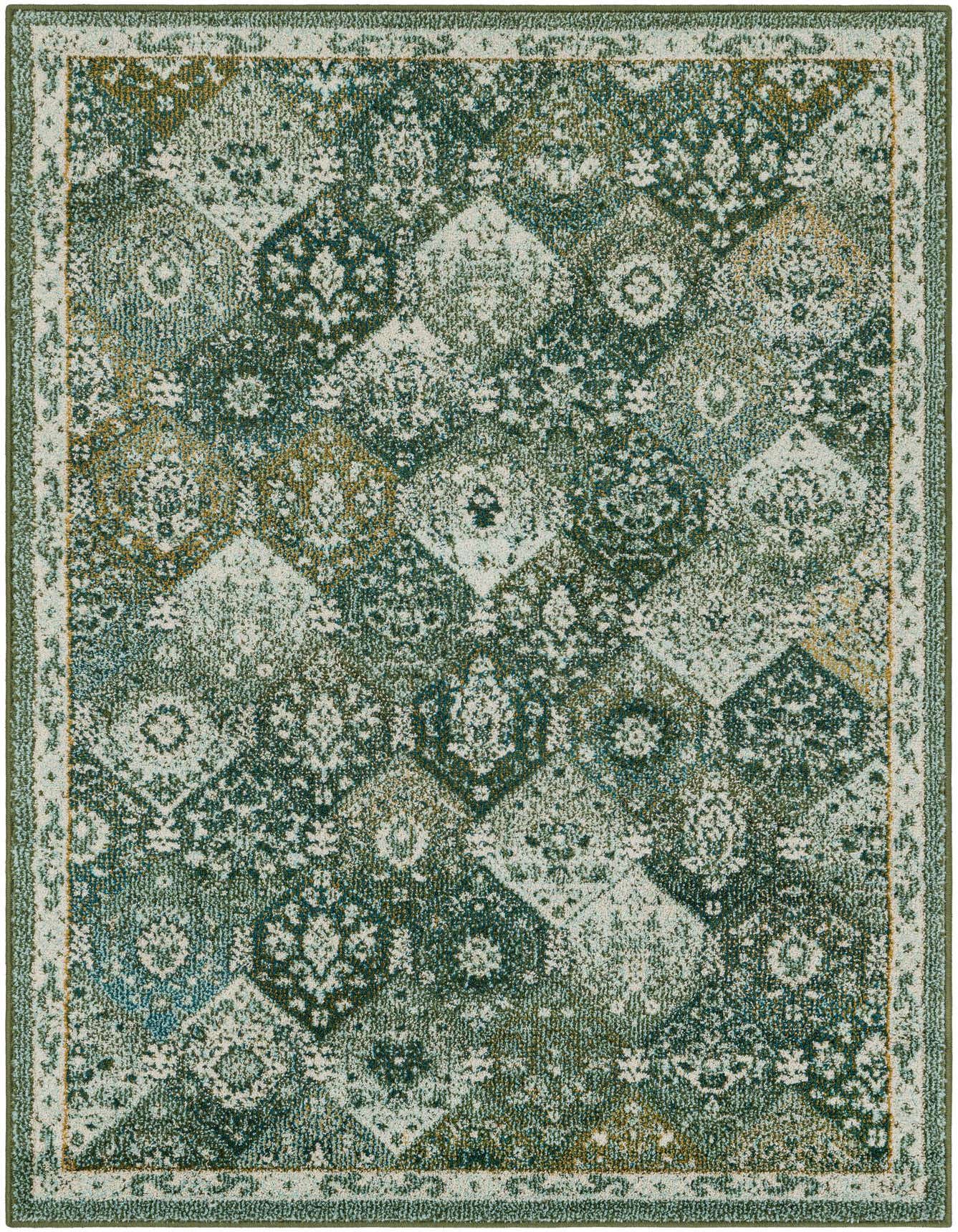 A 4x6 rectangular Rugs.com Madeline rug featuring a distressed green and white Oriental pattern with hints of gold and blue.