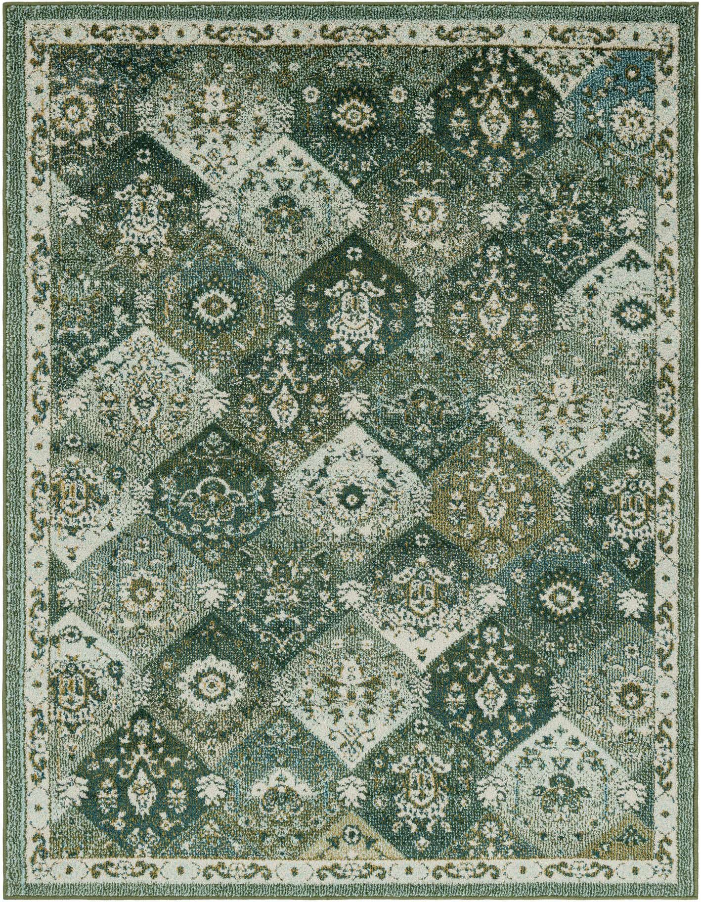 A 5x7 rectangular Madeline collection rug featuring a distressed patchwork design in various shades of green and cream.