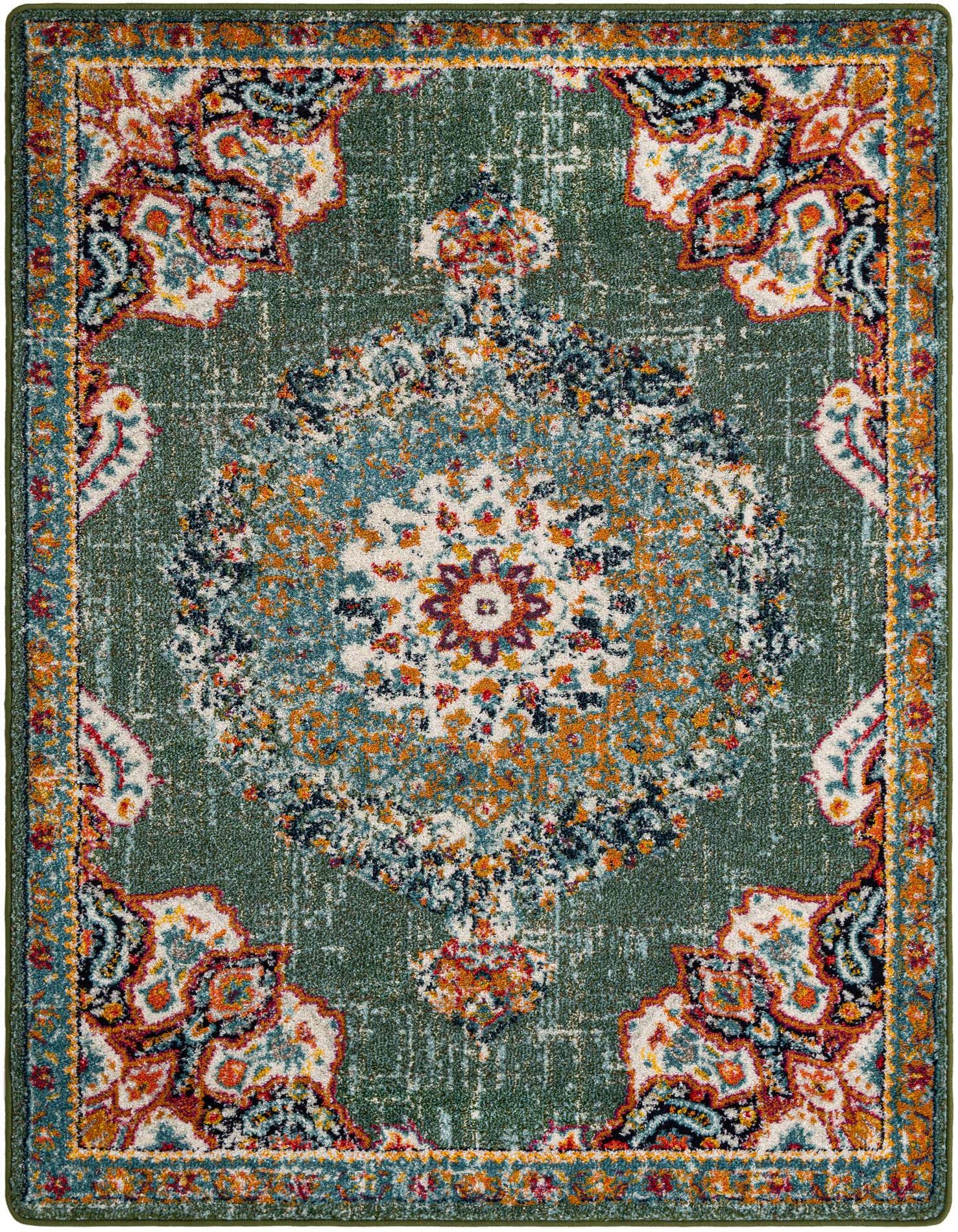 A 5x7 rectangular Rugs.com Madeline rug featuring a distressed green background with a vibrant, multicolored medallion and border pattern in shades of orange, blue, and red.