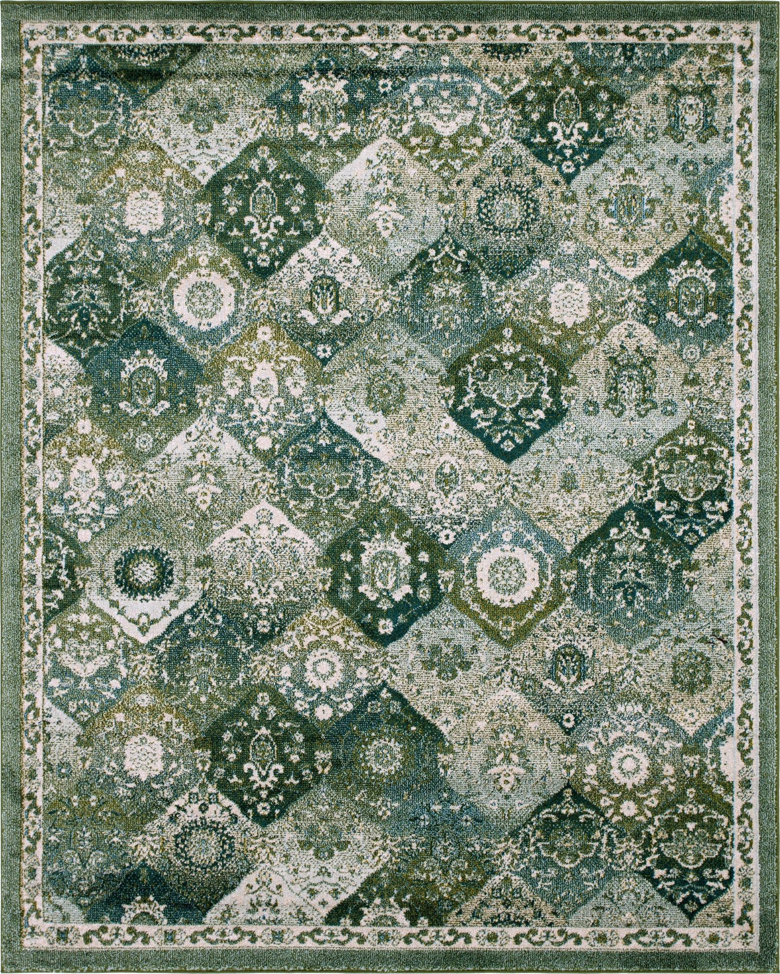 An 8x10 rectangular Madeline rug in shades of green, featuring a distressed bohemian trellis pattern with vintage medallions.