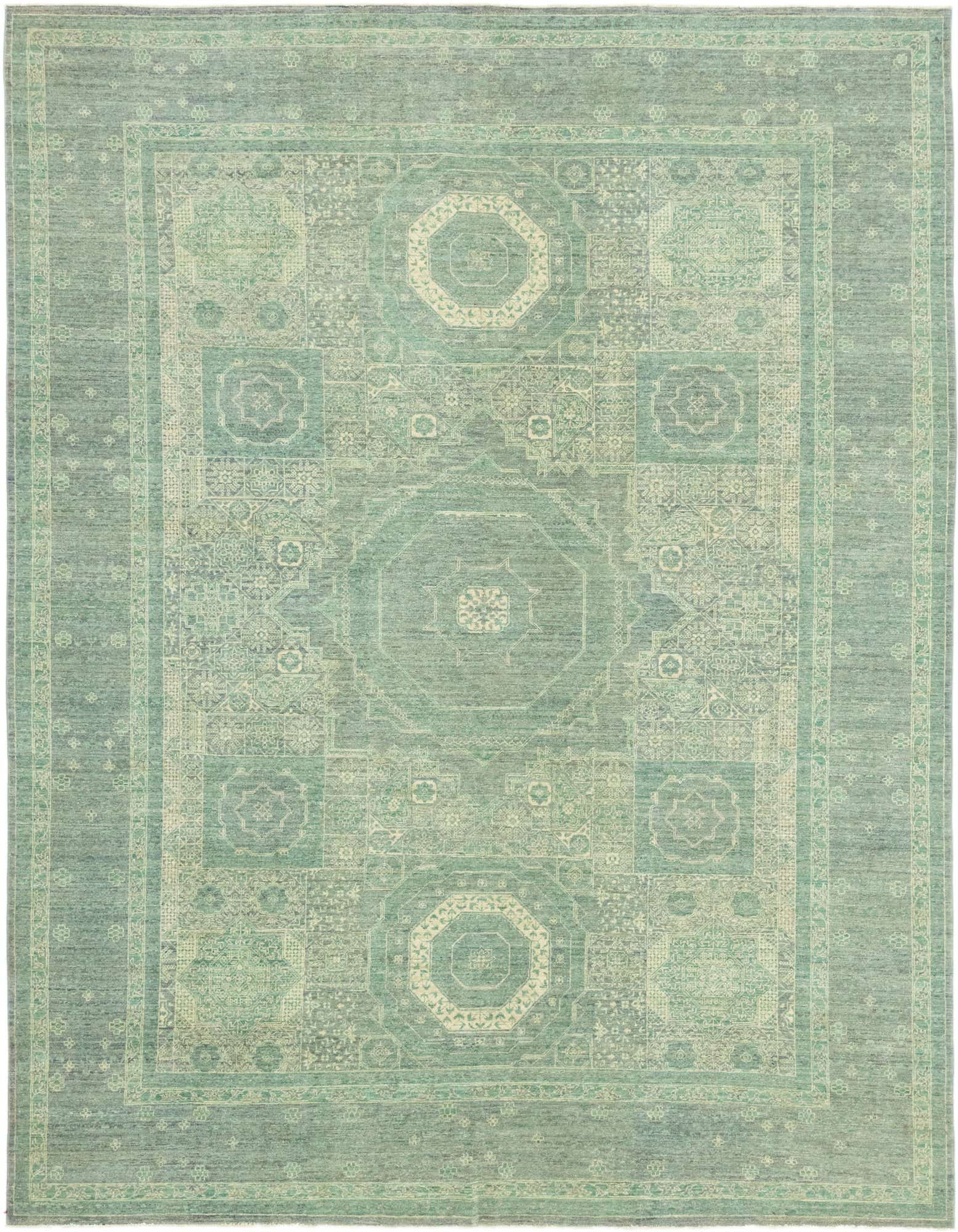 A 9x12 rectangular Mamluk Ziegler rug in varying shades of green with an intricate Oriental pattern and border.