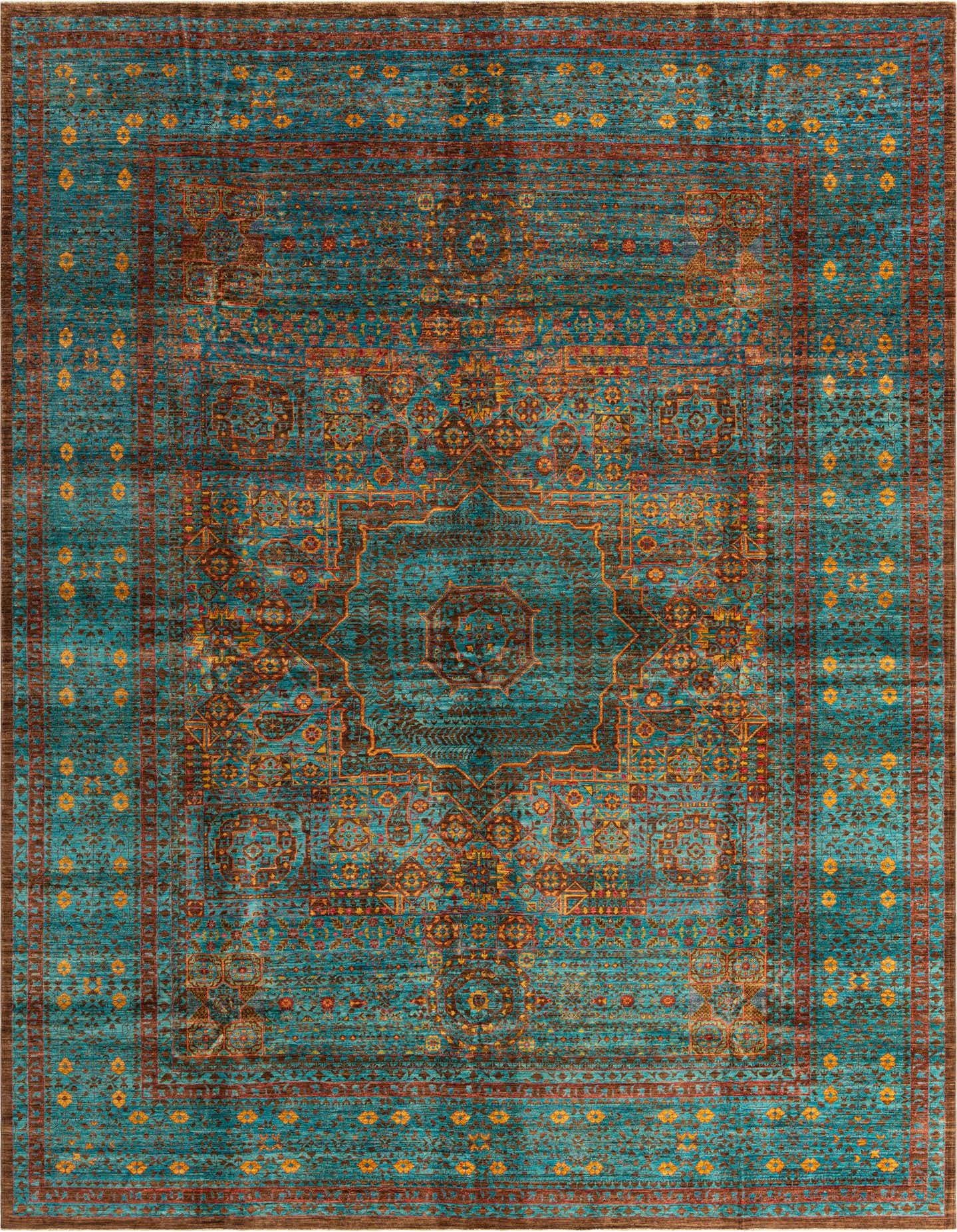 A large 10x13 rectangular Mamluk Ziegler rug in shades of green with intricate traditional Oriental patterns and a rust-colored border.
