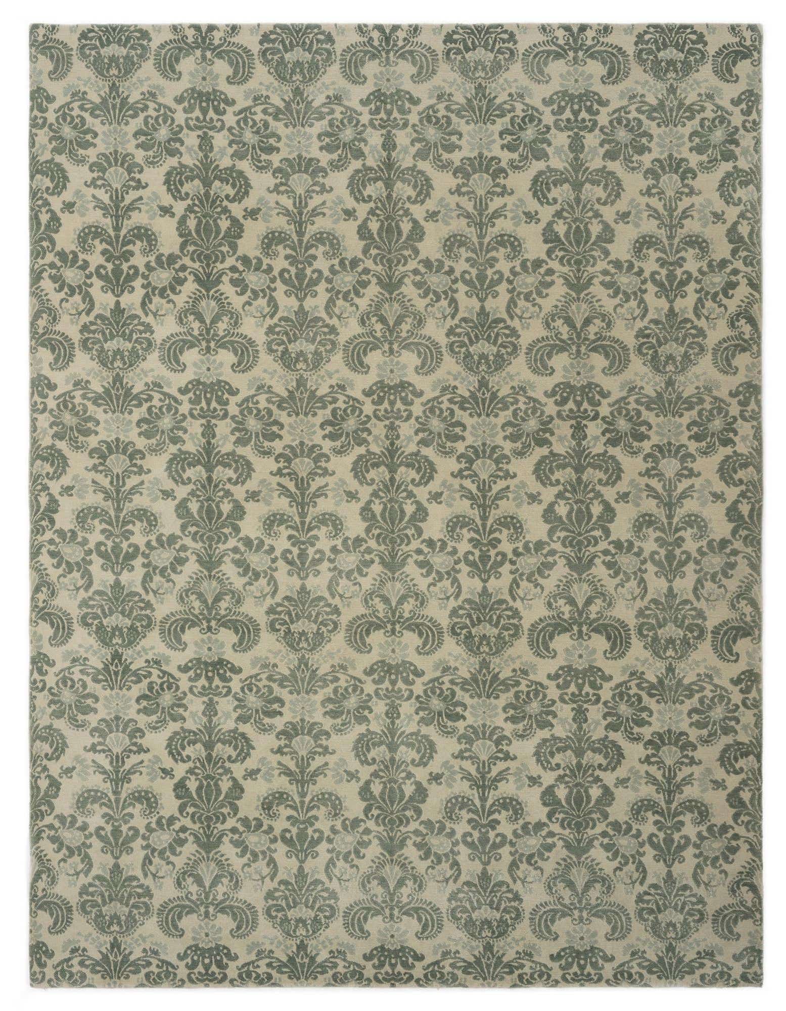 A rectangular 8x10 Modern Himalaya rug by Rugs.com, featuring a repeating green Persian pattern on a light beige background.