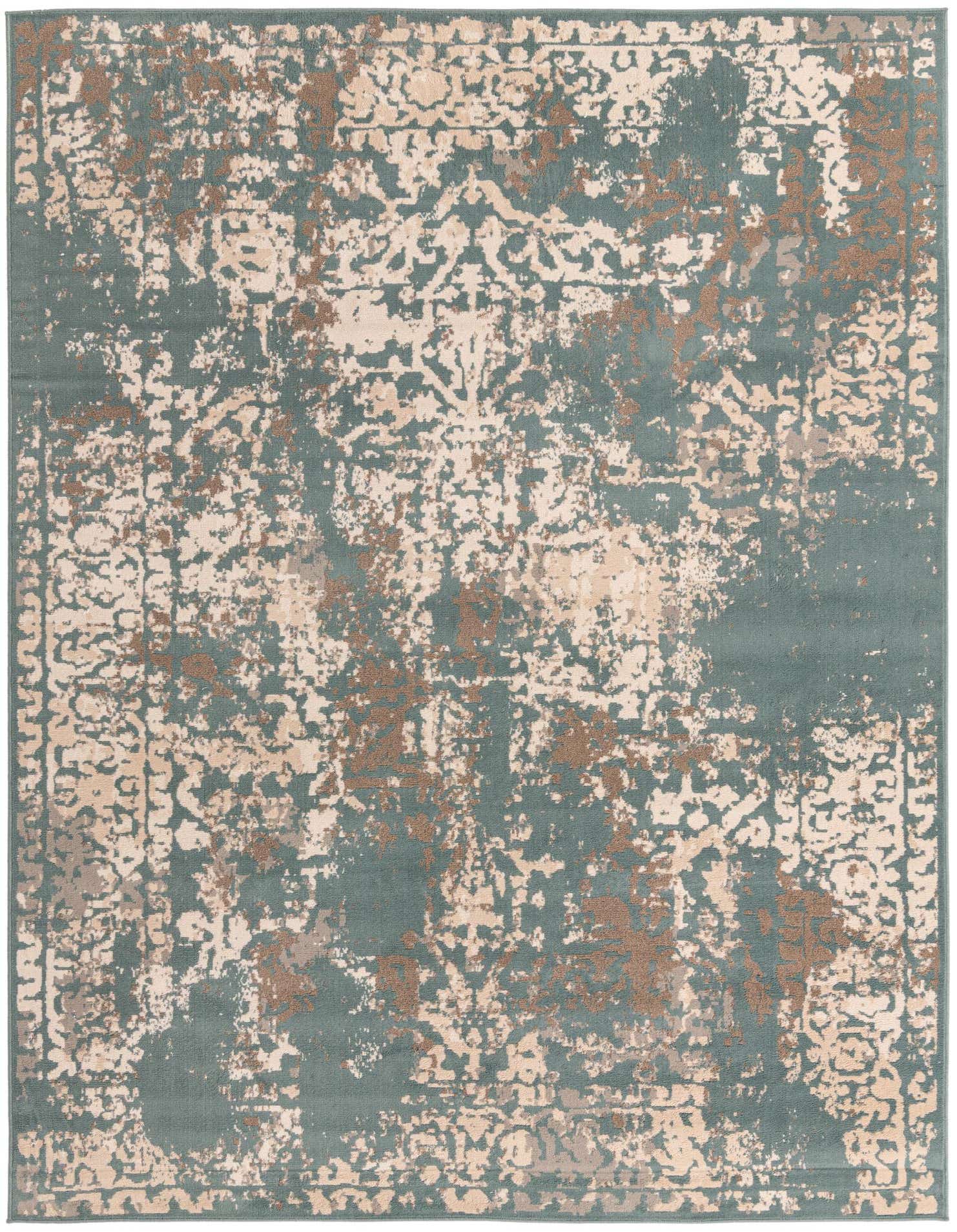 A 9x12 rectangular Rugs.com Mojave rug featuring an abstract distressed pattern in shades of green, beige, and brown.
