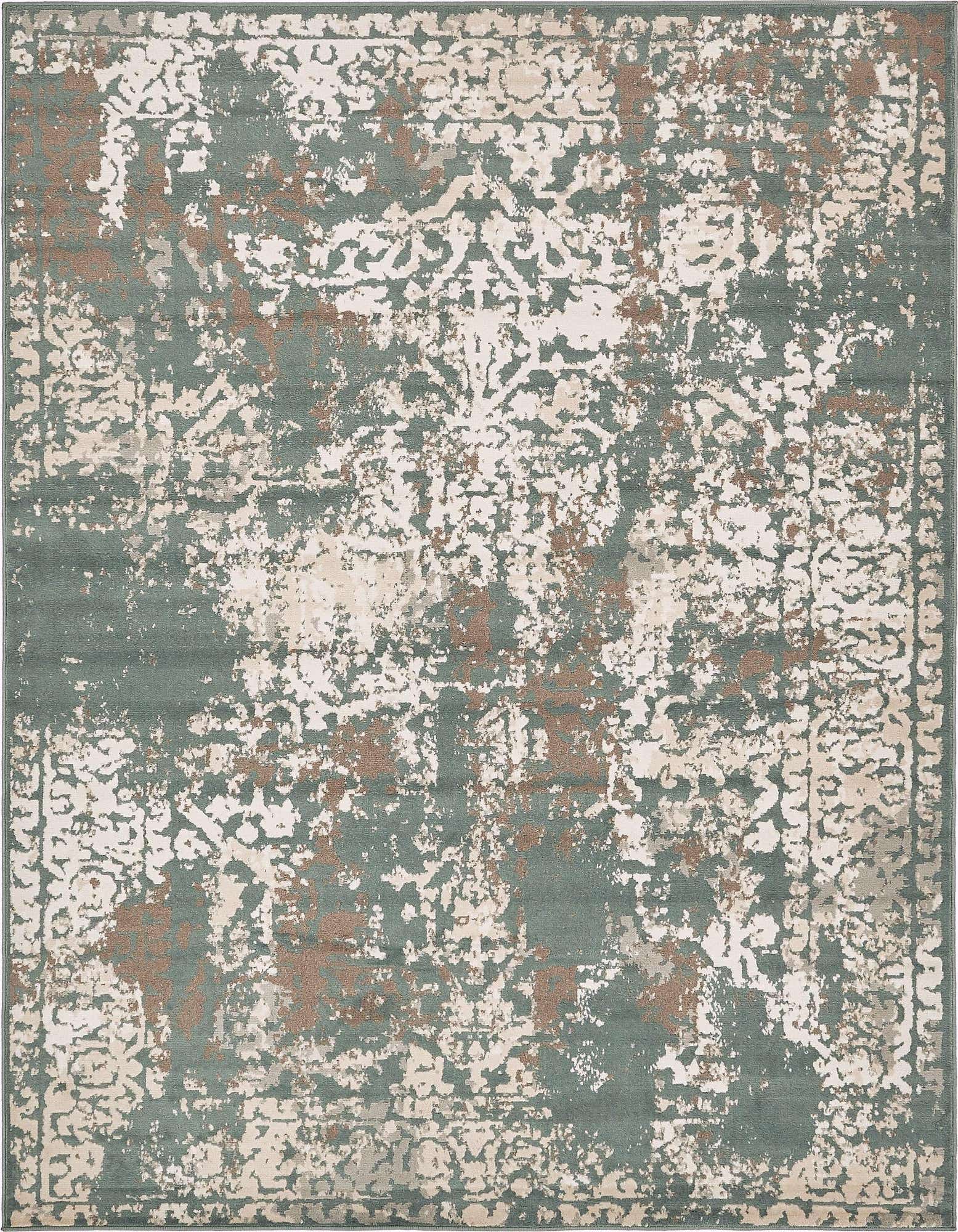 An 8x10 rectangular Rugs.com Mojave rug featuring an abstract distressed pattern in shades of green, beige, and brown.