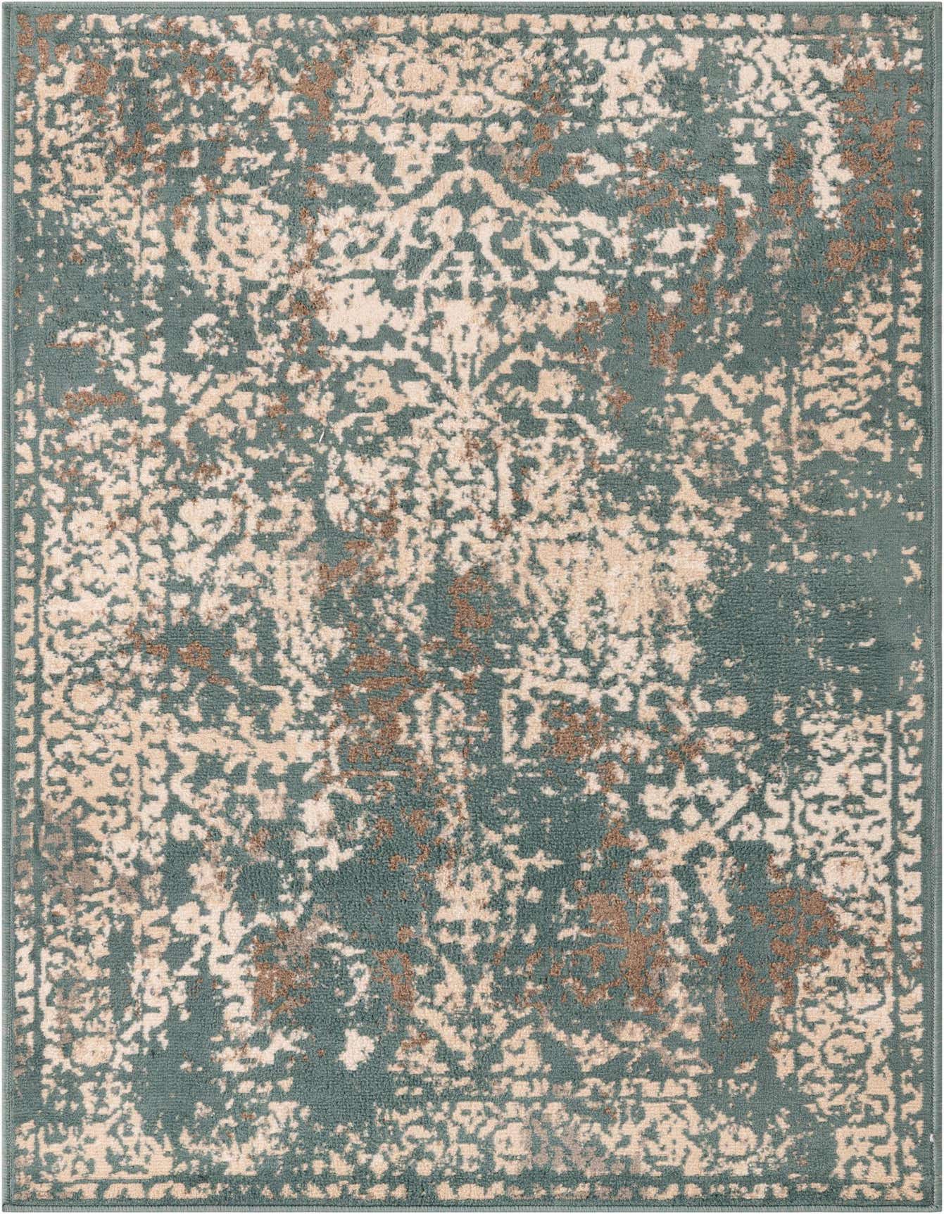 A 4x6 rectangular Rugs.com Mojave area rug featuring a distressed traditional pattern in shades of green, cream, and subtle brown.