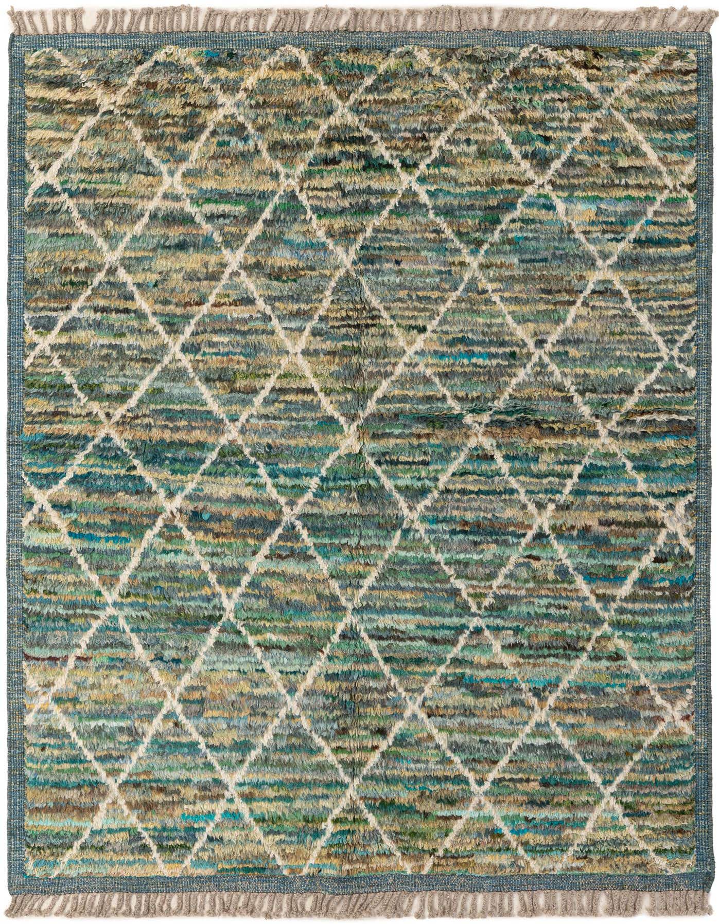A 5x7 rectangular Moroccan tribal rug in varying shades of green, blue, and brown with a cream diamond pattern and fringed ends.
