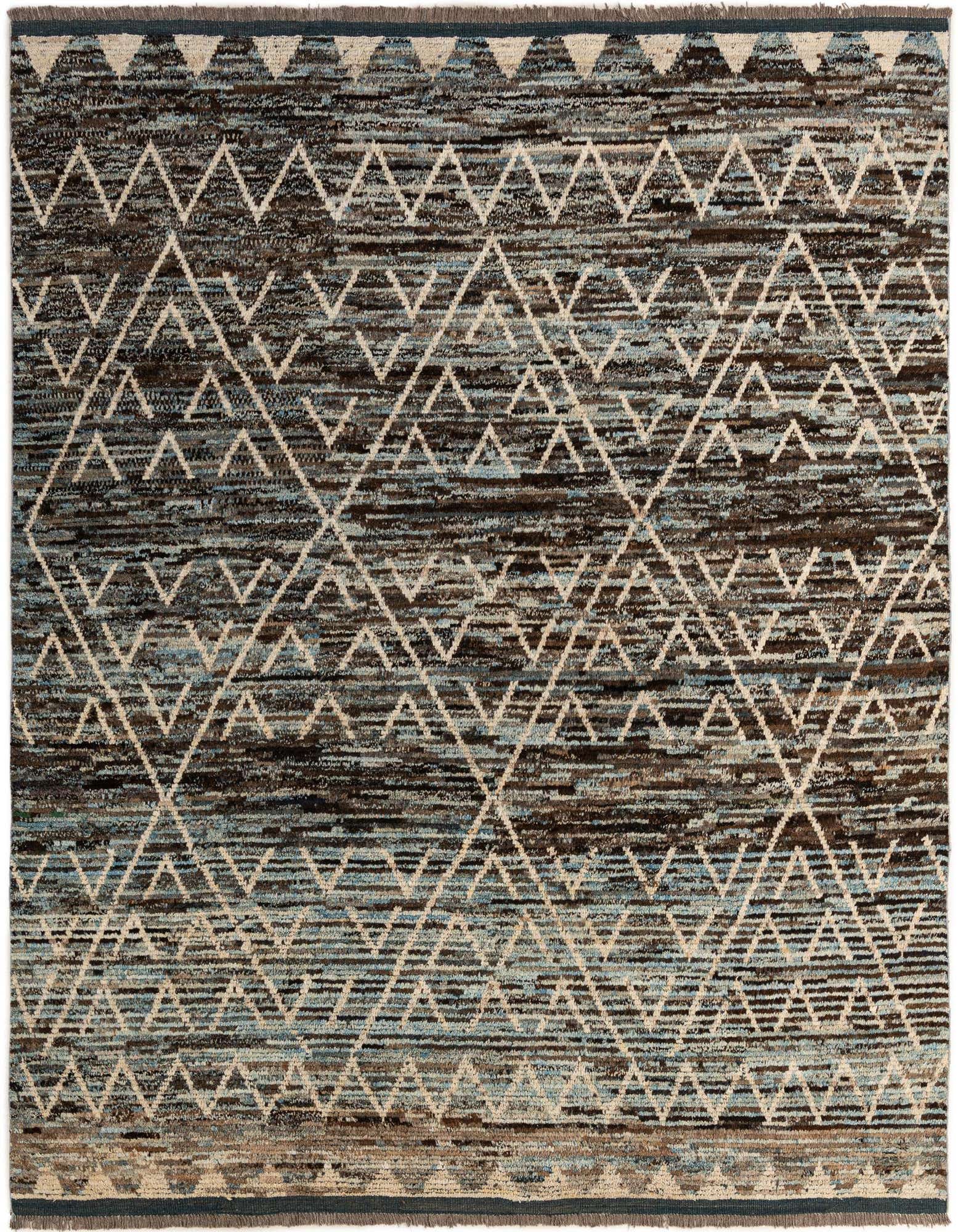 A rectangular 8x10 Moroccan wool rug featuring a tribal geometric pattern in shades of green, brown, and cream.