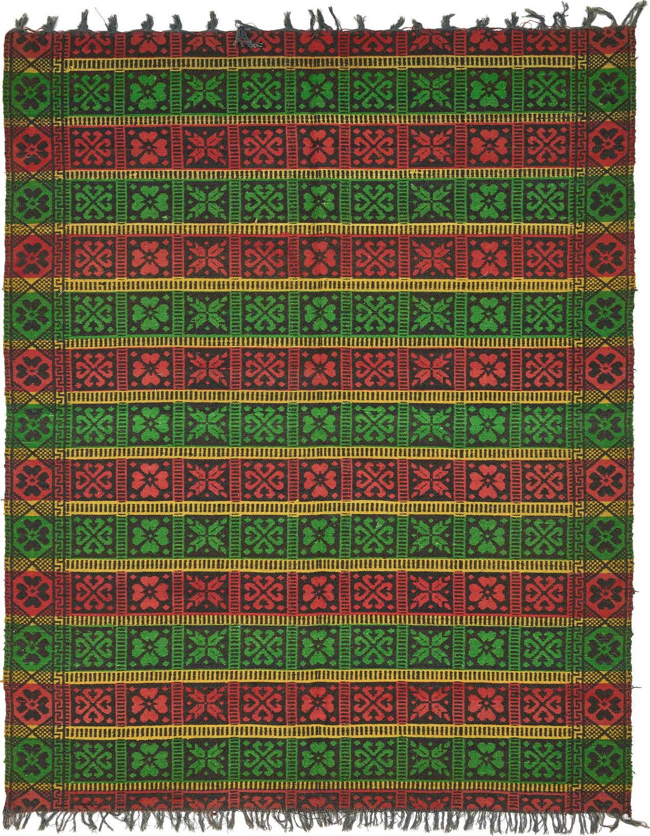 A 5x8 rectangular Moroccan tribal rug featuring alternating stripes of red, green, and yellow patterns on a dark background, with fringed edges.
