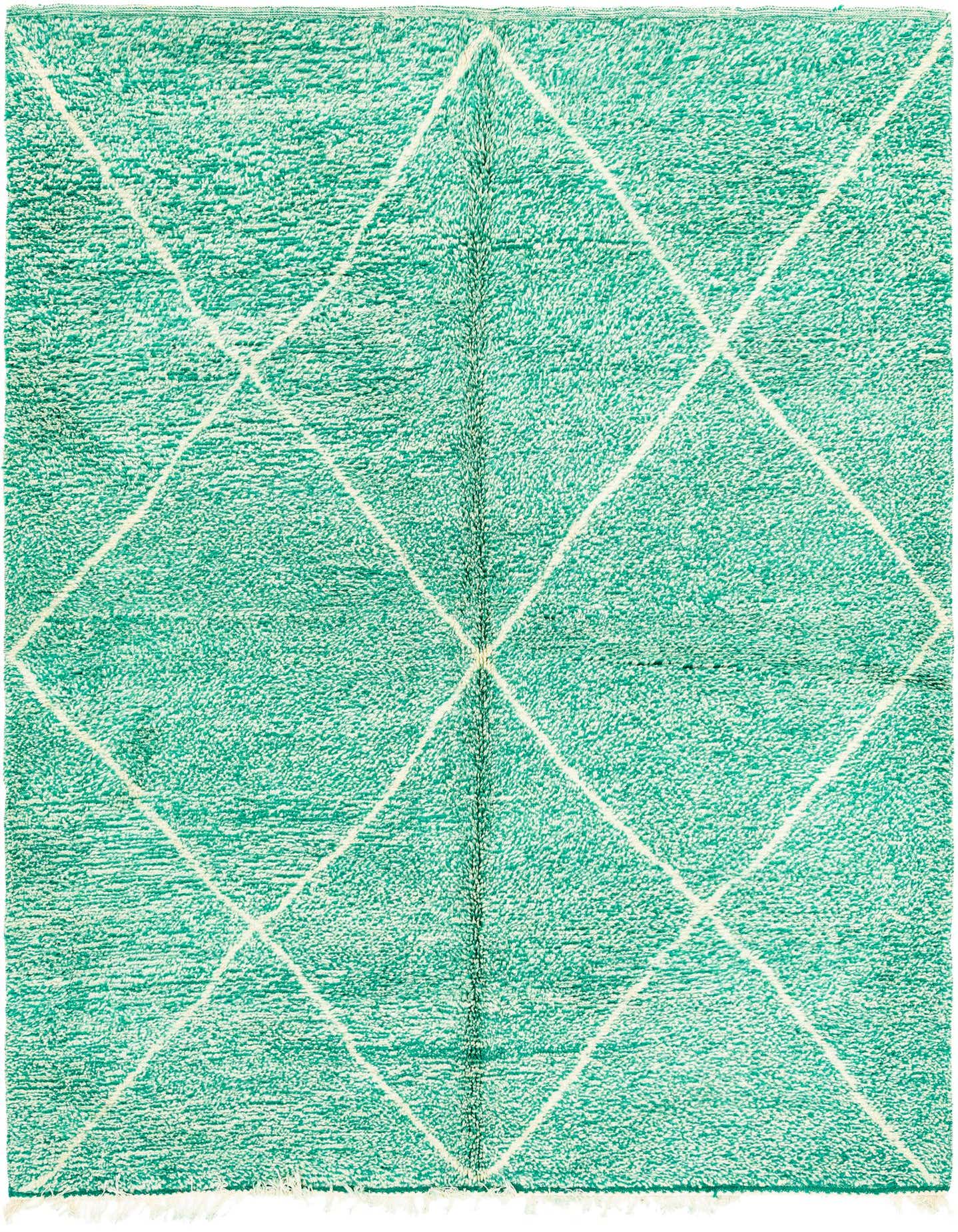 A 7x10 rectangular green shag rug with a white tribal diamond pattern, ideal for a living room.
