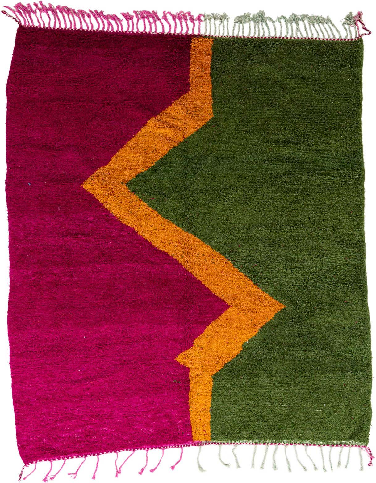 A vibrant 7x10 rectangular shag rug with a bold zigzag pattern in fuchsia, orange, and green, featuring tassels.