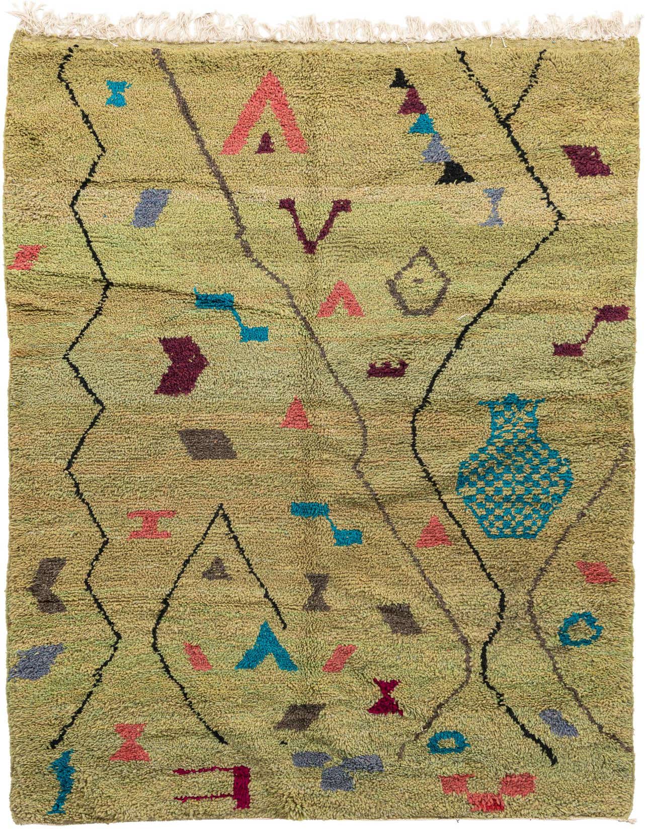 A 5x8 rectangular green Moroccan shag rug with colorful tribal and abstract patterns, suitable for a living room.