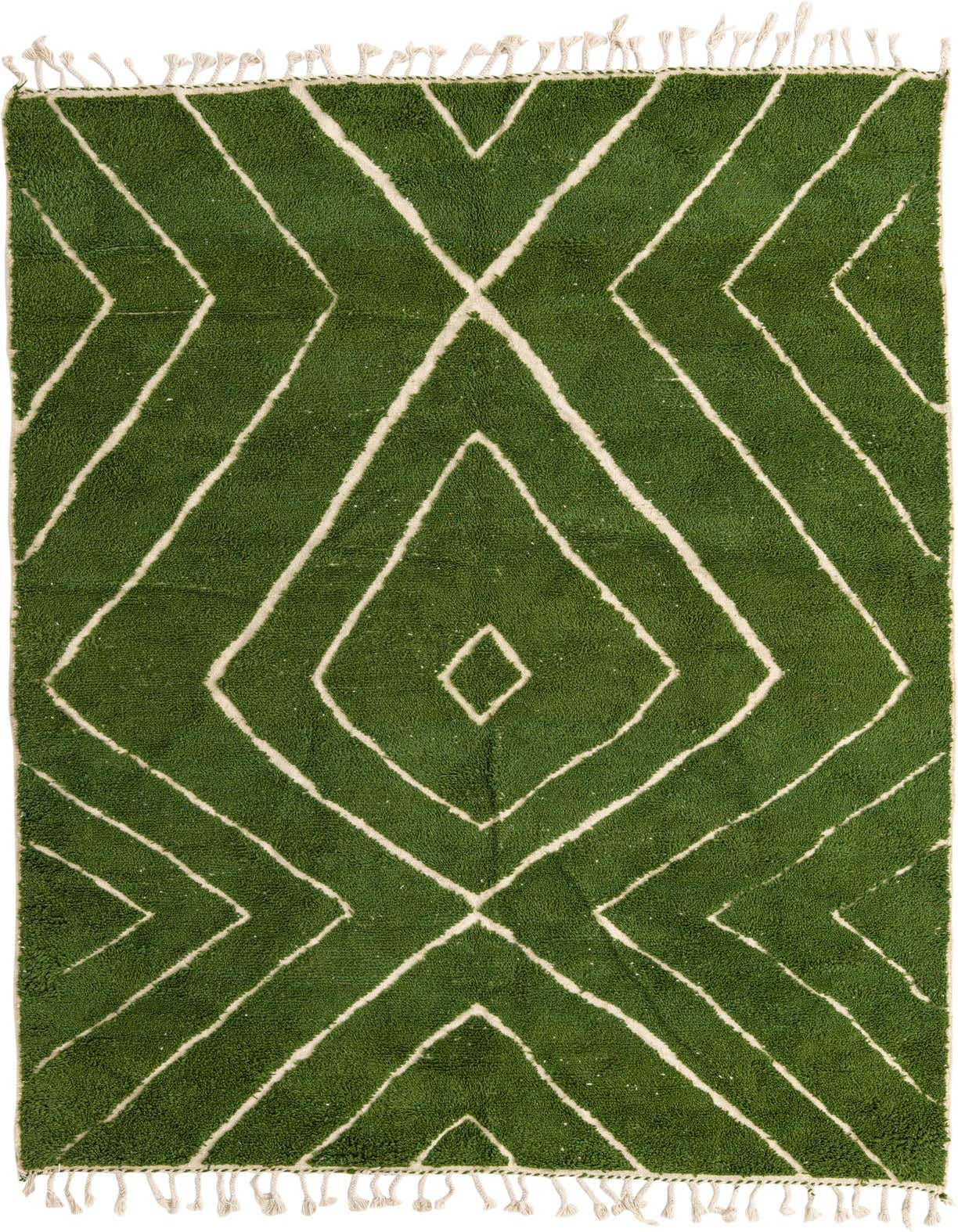 A 7x10 rectangular green shag rug with a modern tribal pattern of white geometric diamonds and fringe.