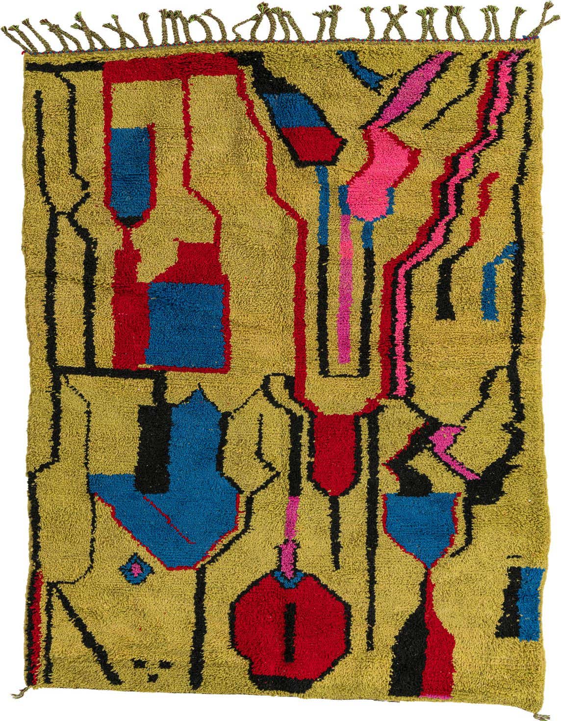 A 5x8 rectangular green shag rug with a modern tribal pattern in red, blue, black, and pink, suitable for a living room.