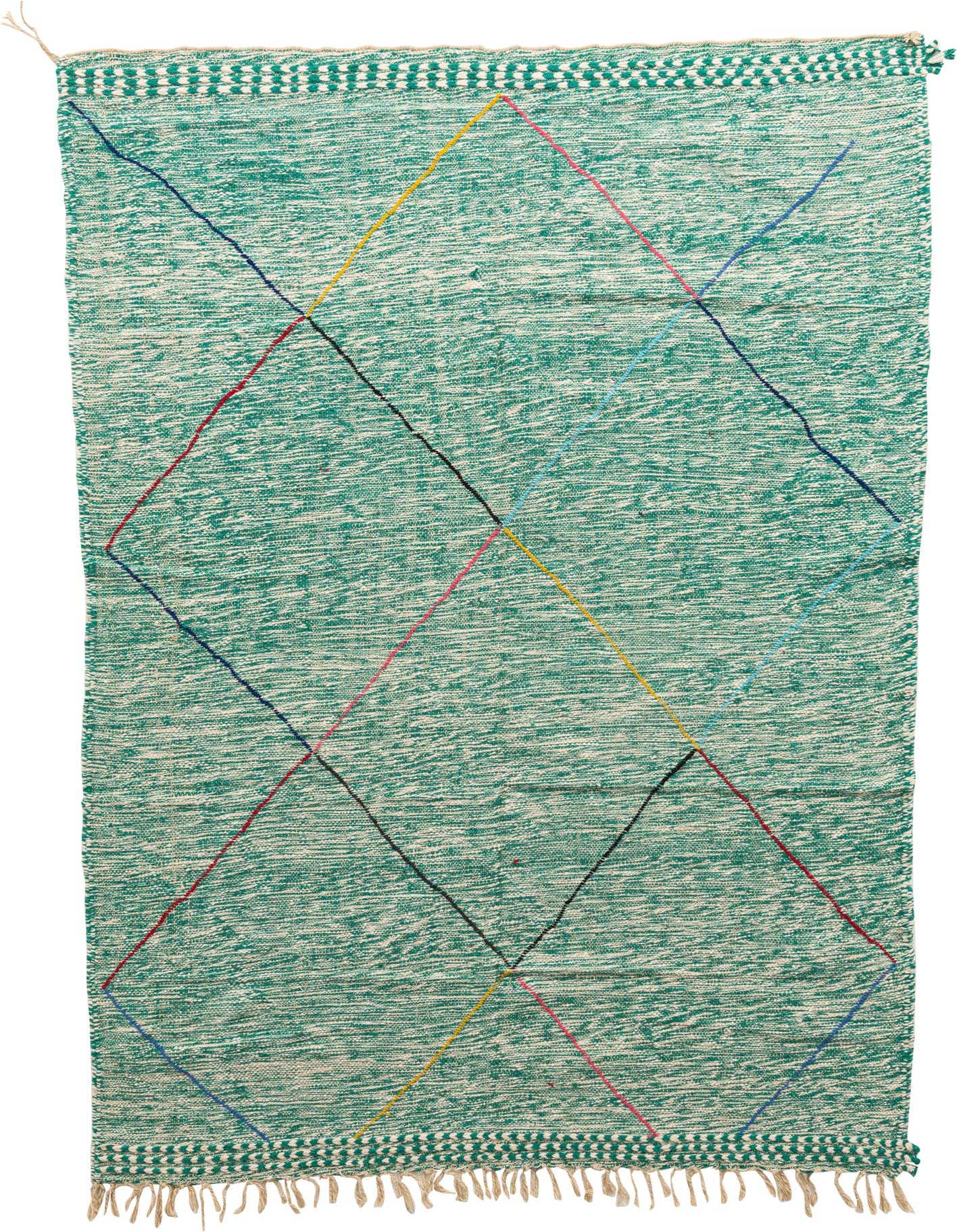 A 6x9 rectangular green shag rug with a modern tribal pattern of colorful intersecting lines and fringed ends.