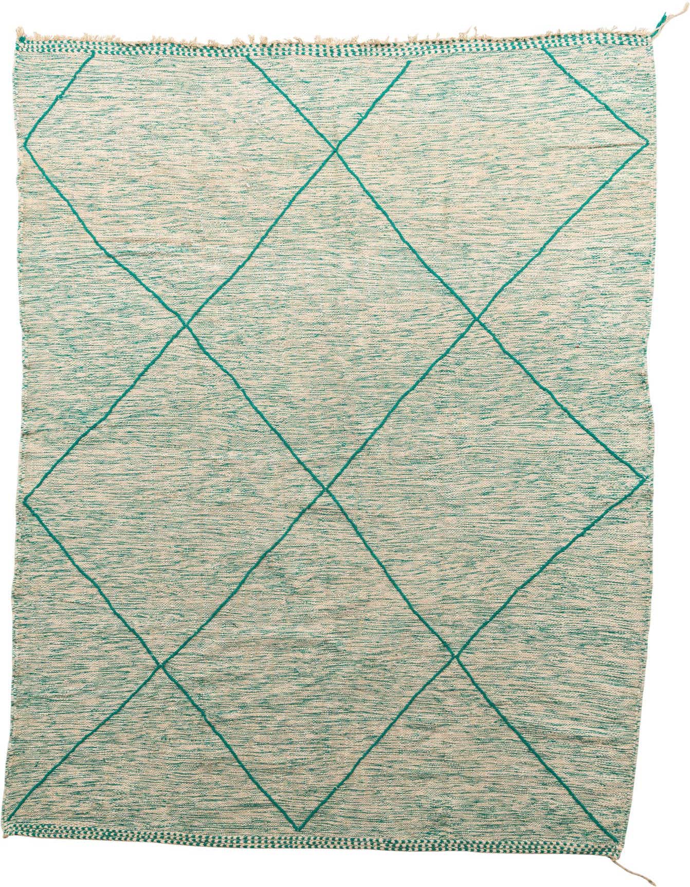 A 9x12 rectangular green and off-white shag rug with a bold tribal diamond pattern, perfect for a living room.