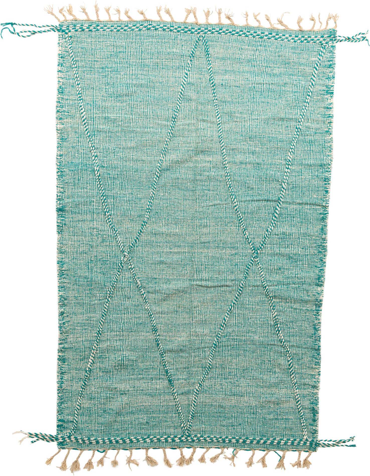 A 7x10 rectangular green tribal shag rug with a modern geometric diamond pattern and fringe.