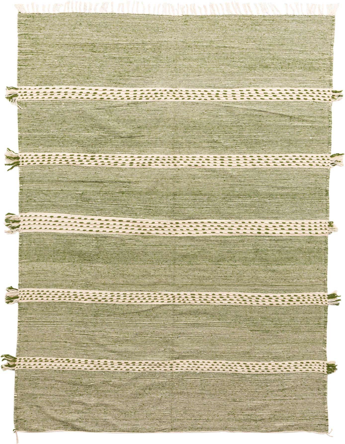 A 6x9 rectangular green wool shag rug with white stripes and tribal patterns, perfect for a living room.