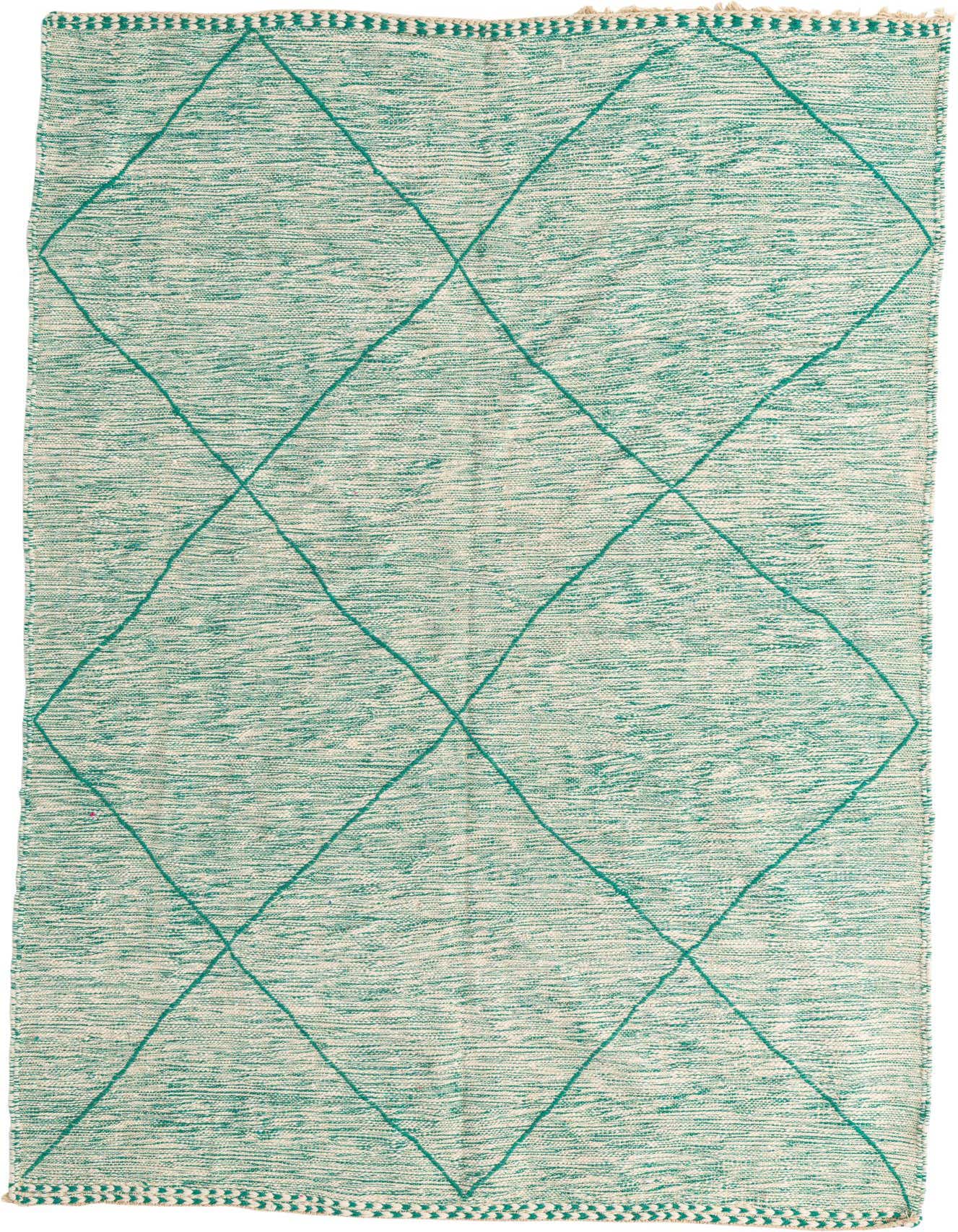 A 6x9 rectangular green and off-white Moroccan shag rug with a tribal diamond pattern, ideal for a living room.