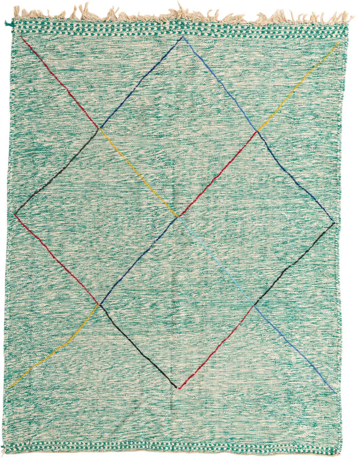 A 6x9 rectangular green shag rug with a modern tribal pattern of colorful intersecting lines forming diamonds, suitable for a living room.
