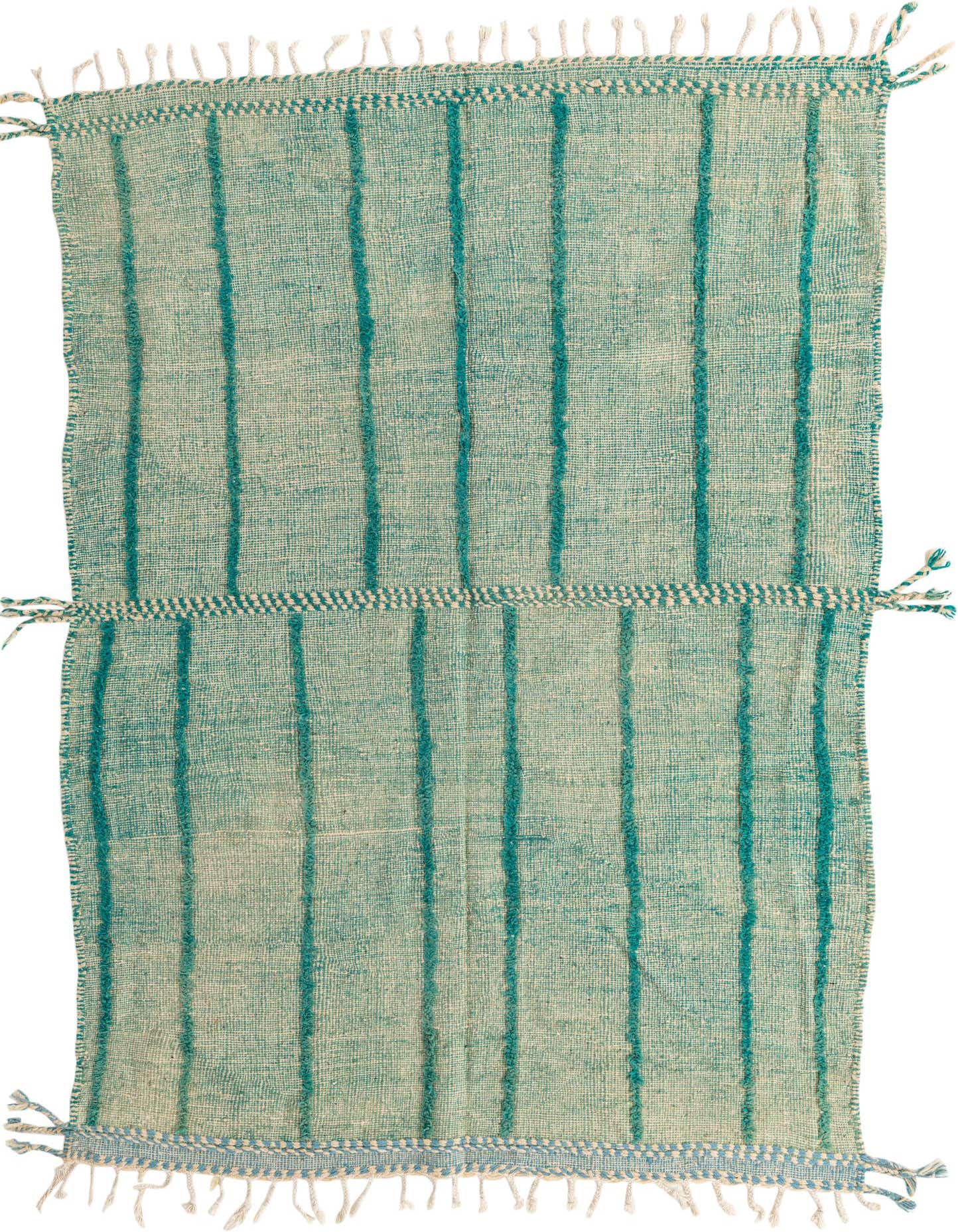 A 6x9 rectangular Moroccan tribal rug in varying shades of green with vertical stripes and fringed edges.