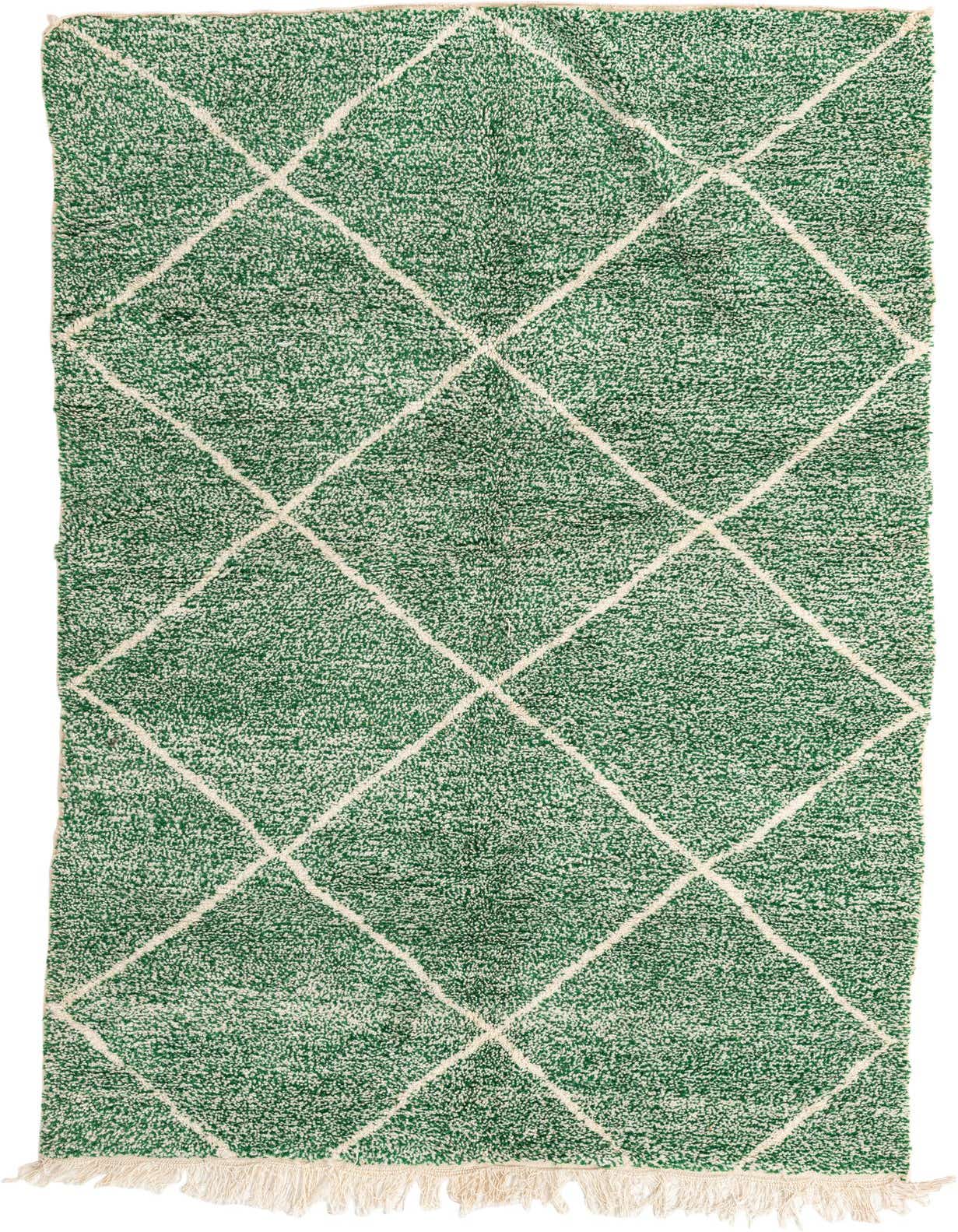 A 5x8 rectangular green shag rug with a cream tribal diamond pattern and fringe, suitable for a living room.