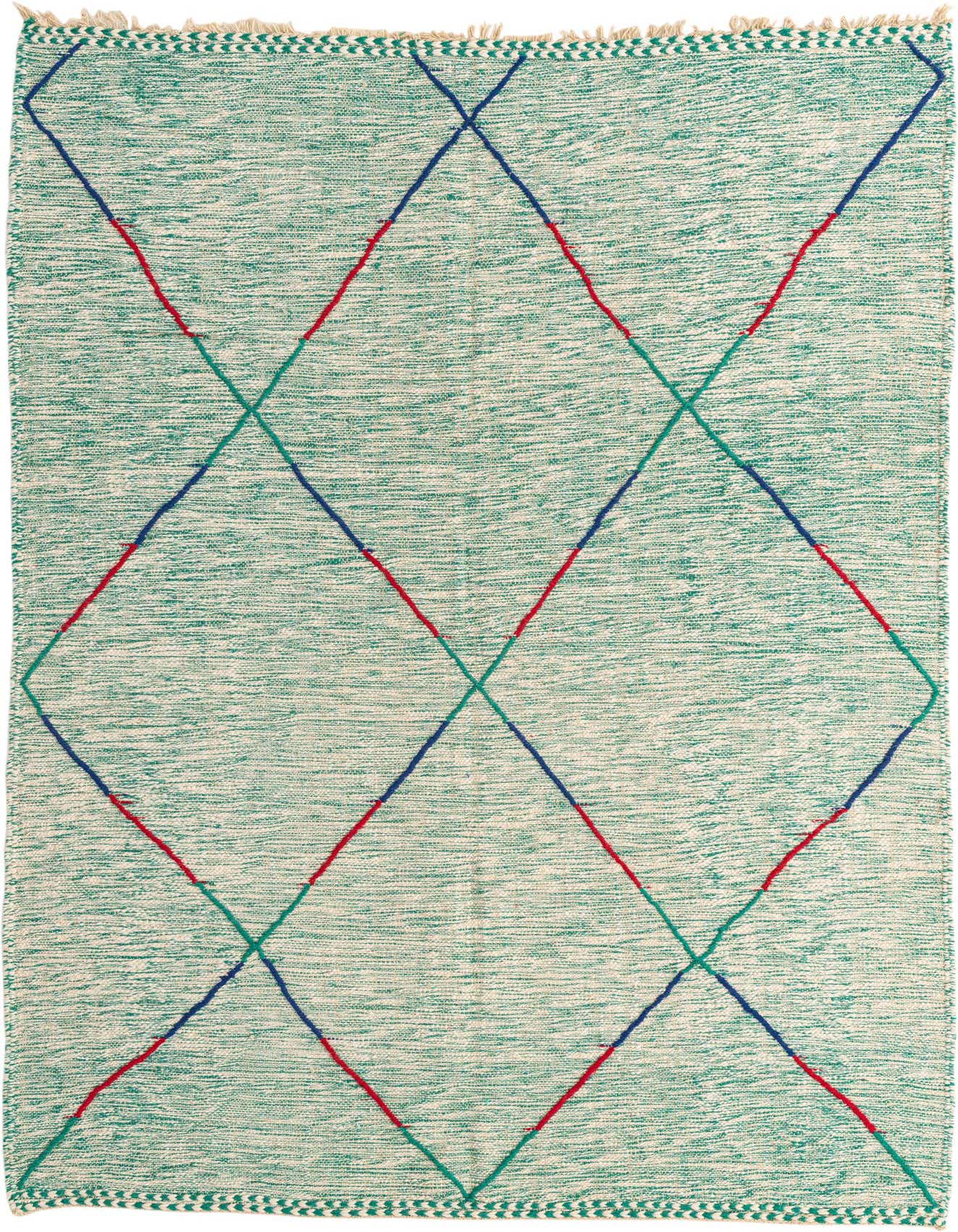 A 6x9 rectangular green shag rug with a modern tribal diamond pattern in red, blue, and green.