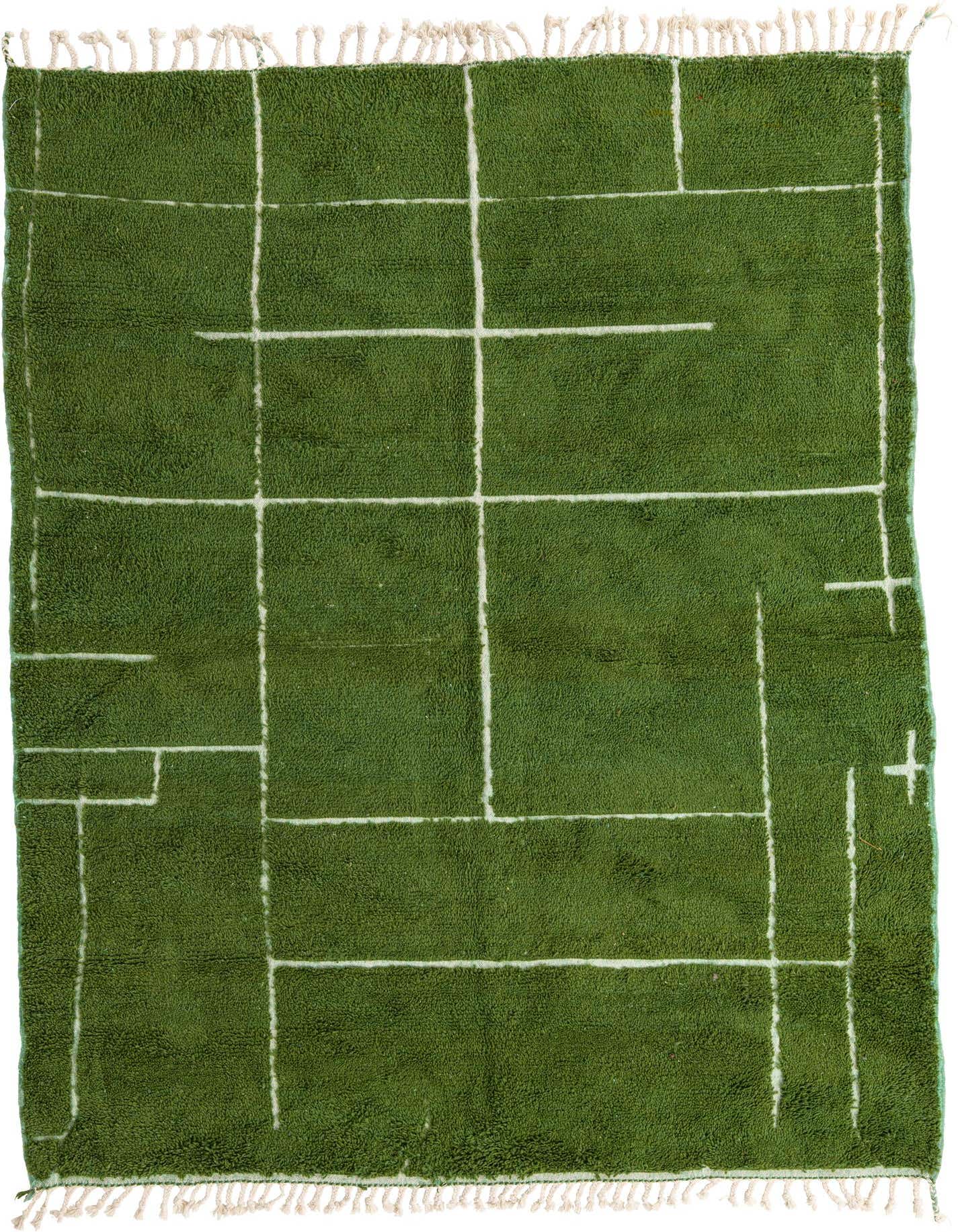 A 7x10 rectangular green shag rug with an irregular white grid pattern and fringed ends, suitable for a living room or bedroom.