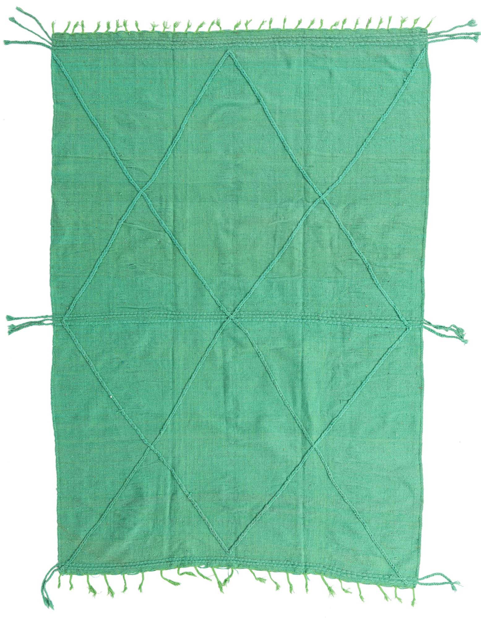 A vibrant 8x11 rectangular green shag rug with a tribal diamond pattern and fringe, perfect for a living room.