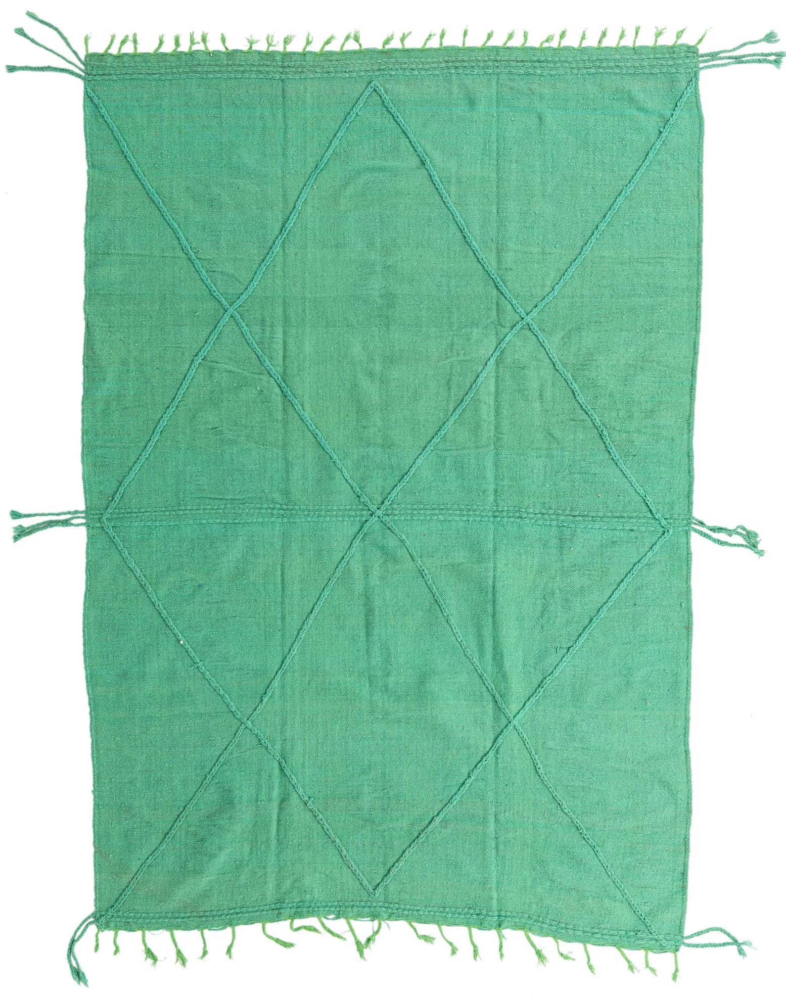 A vibrant 8x11 rectangular green shag rug with a tribal diamond pattern and fringe, perfect for a living room.