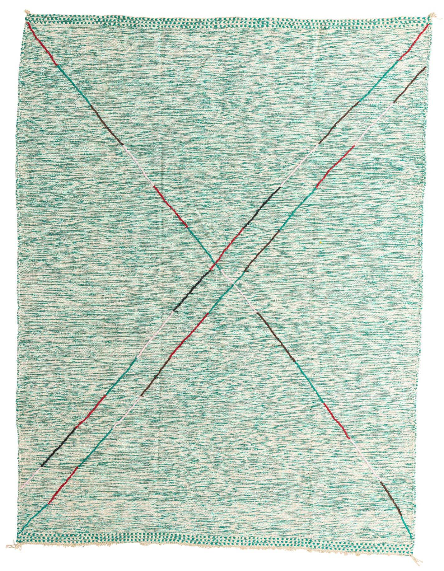 A 9x12 rectangular green shag rug with thin intersecting lines in red, black, white, and teal, creating a modern tribal pattern.