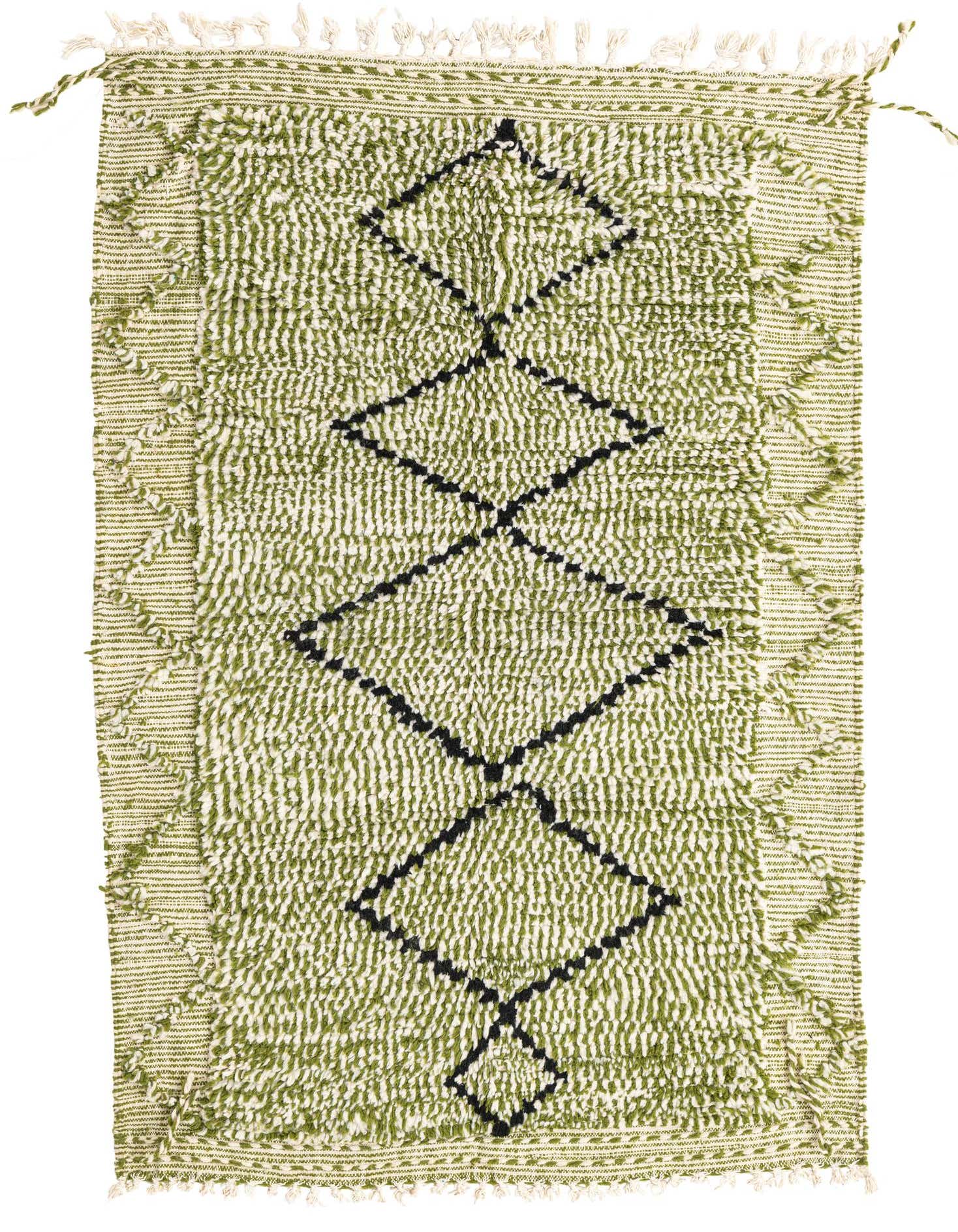A 4x6 rectangular green shag rug with a black tribal diamond pattern and fringed edges, suitable for a living room.