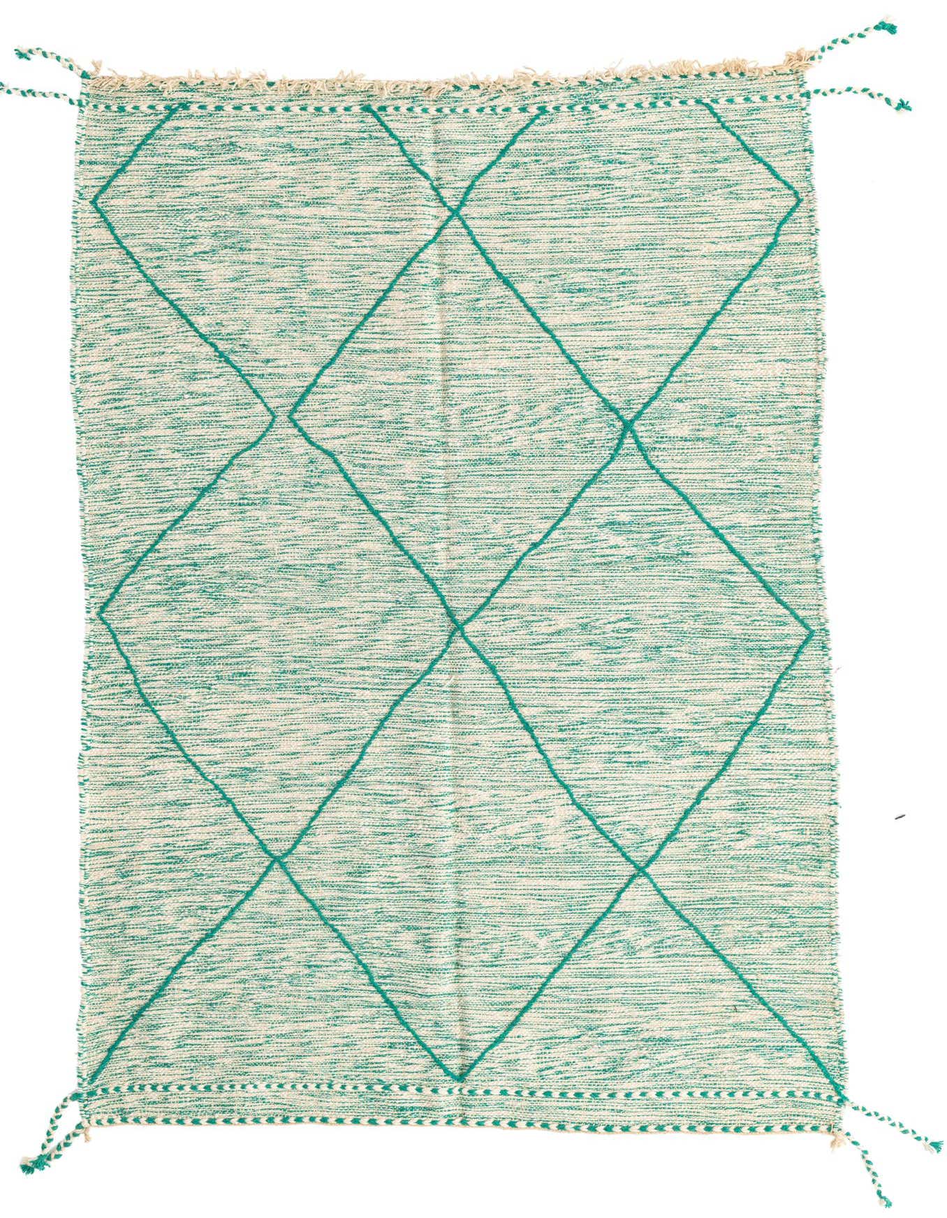 A 5x8 rectangular green and off-white Moroccan shag rug with a bold tribal diamond pattern.