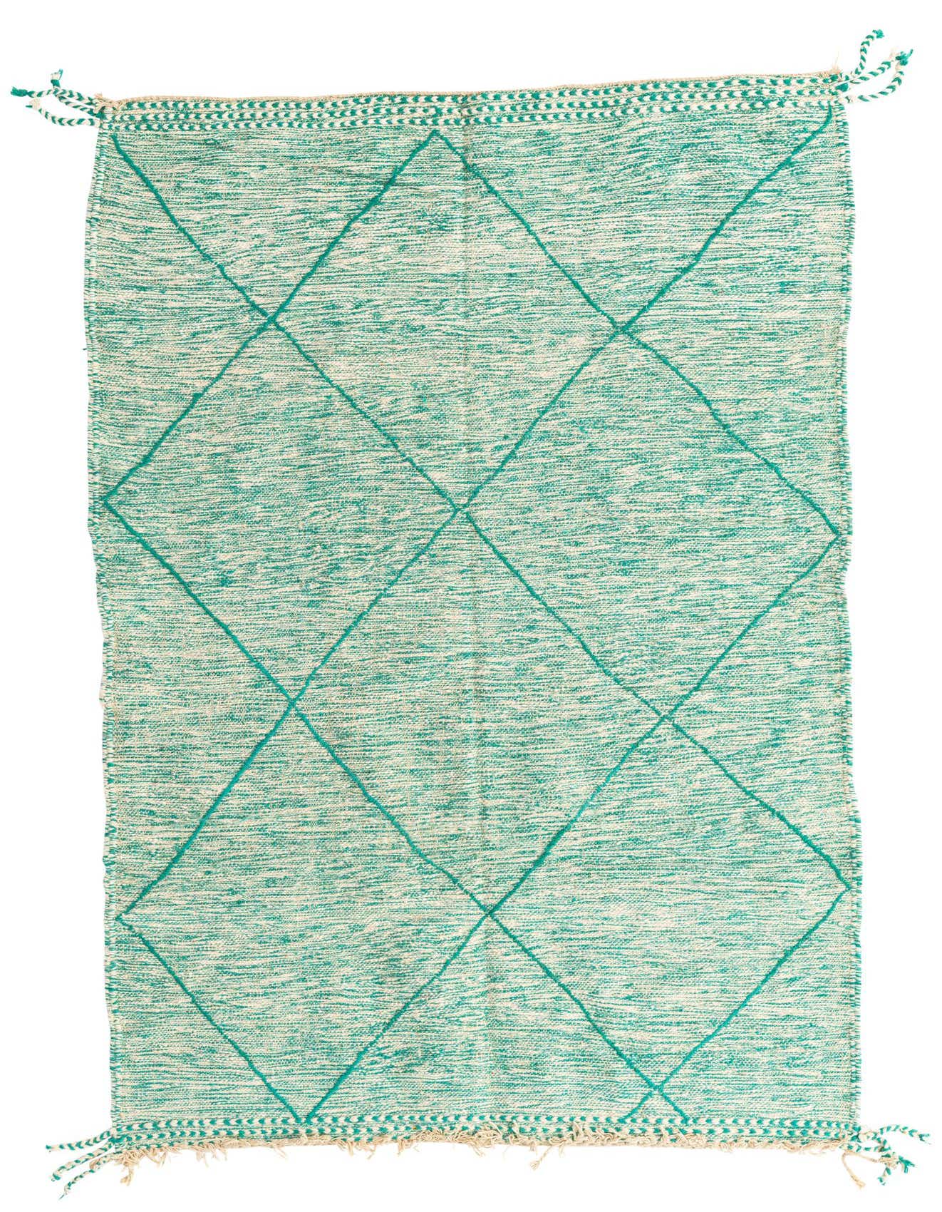 A 5x8 rectangular green and off-white Moroccan shag rug with a diamond tribal pattern, handmade from wool.