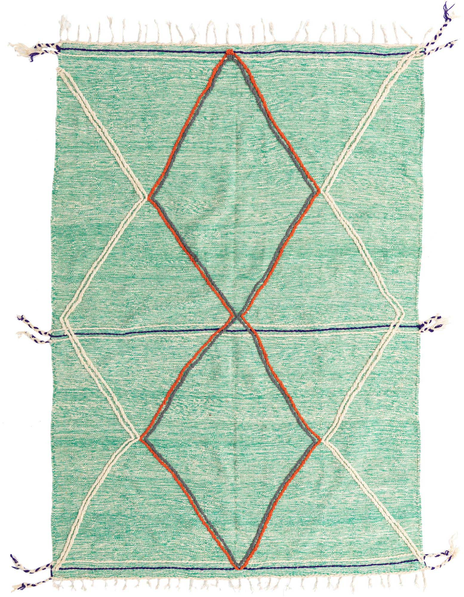 A 7x10 rectangular green shag rug with a large orange and gray tribal diamond pattern, and white crisscross lines.