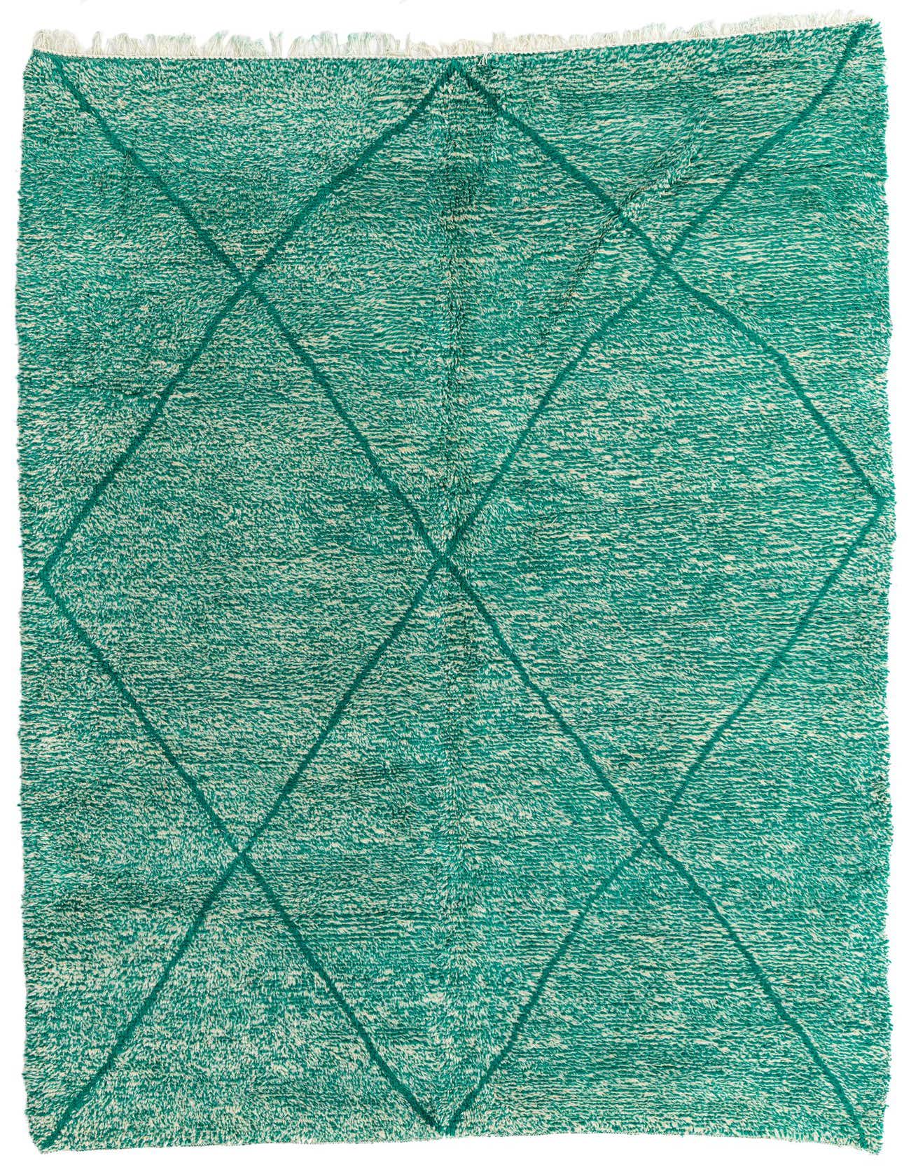 A 7x10 rectangular Moroccan shag rug in varying shades of green with a subtle diamond pattern, suitable for a living room.