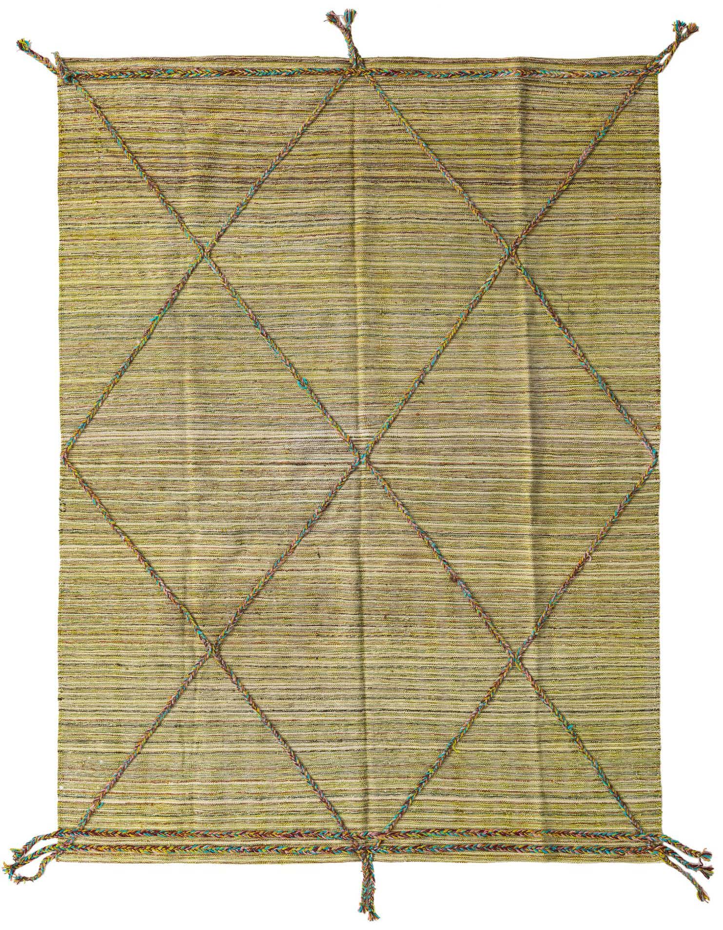 A 5x8 rectangular green shag rug with a tribal diamond pattern formed by braided colorful accents and tassels.