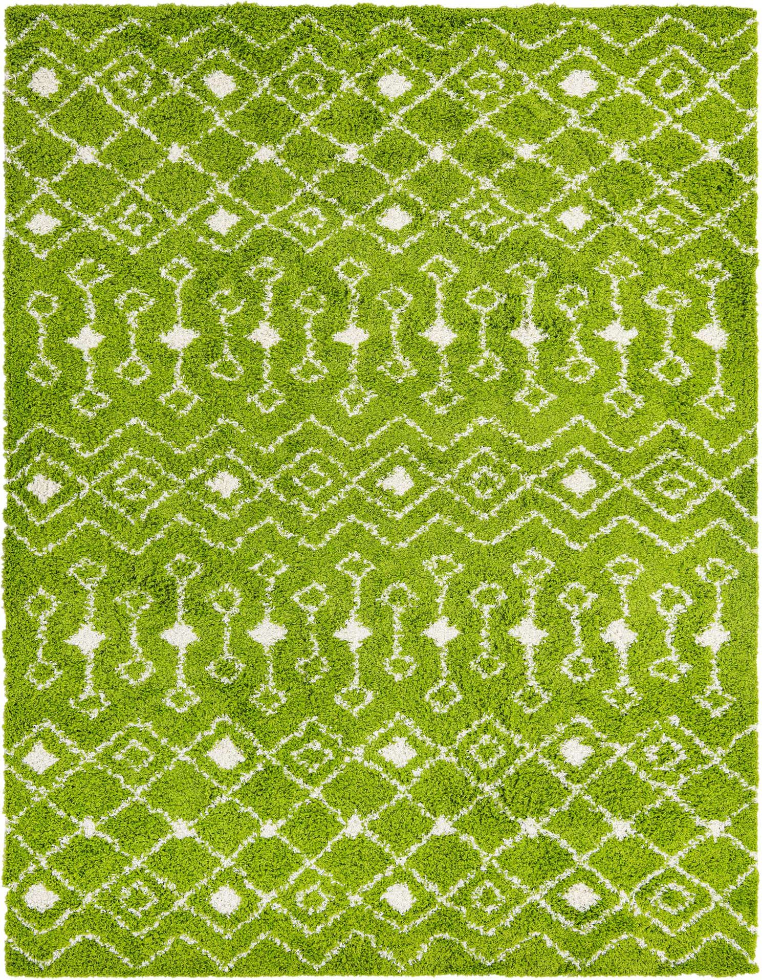 A vibrant 9x12 rectangular green shag rug with a white tribal trellis pattern, perfect for a living room.