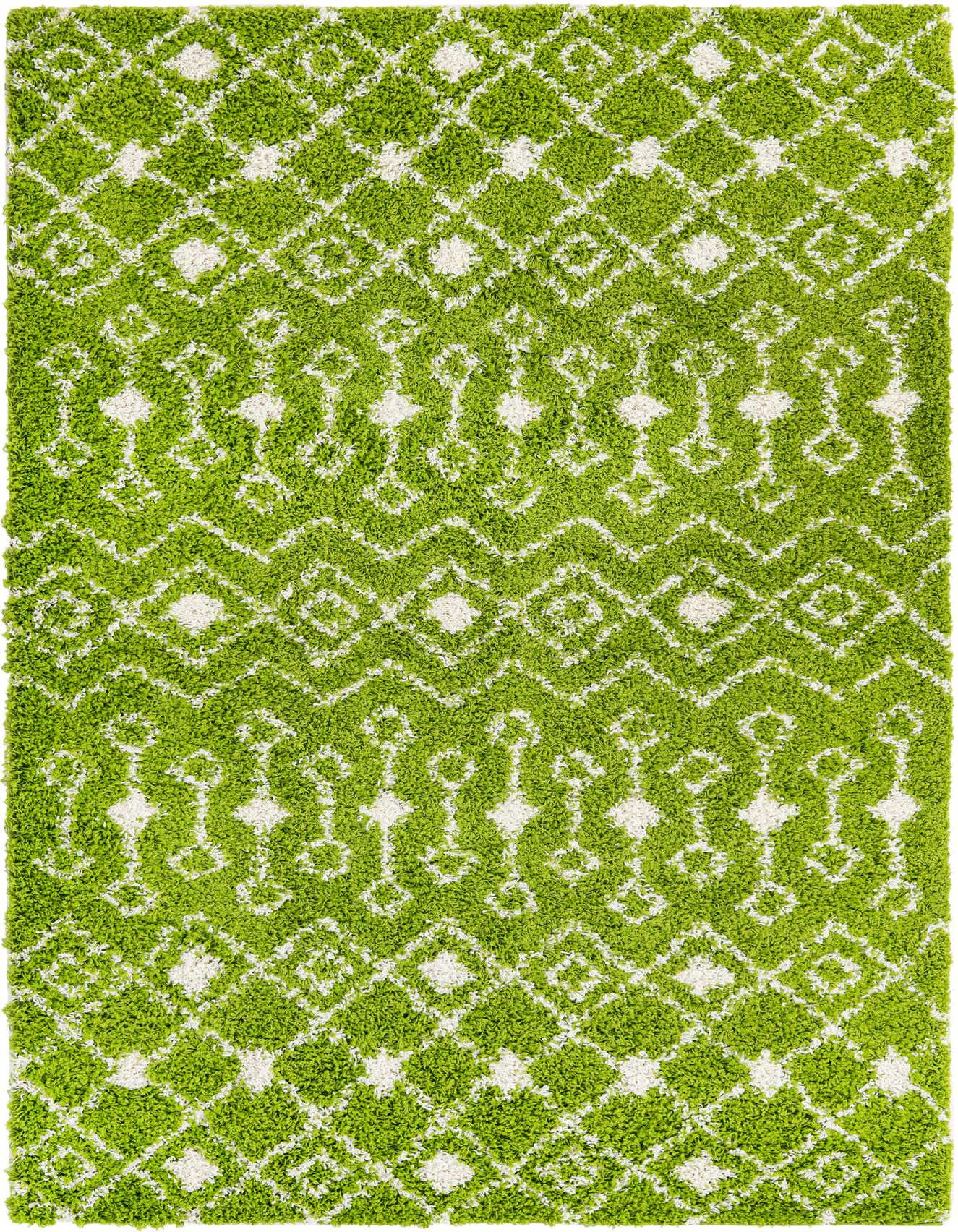 A vibrant 6x9 rectangular green shag rug with a white modern tribal trellis pattern, offering a soft, textured feel.