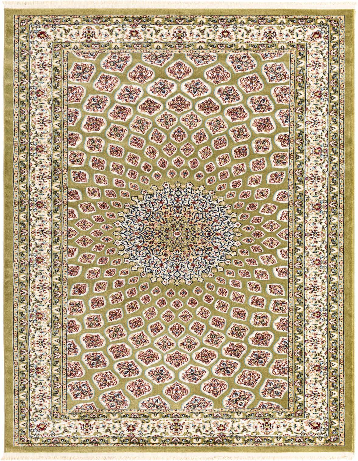 A 5x8 rectangular green traditional rug featuring a central medallion and botanical patterns, ideal for a living room.