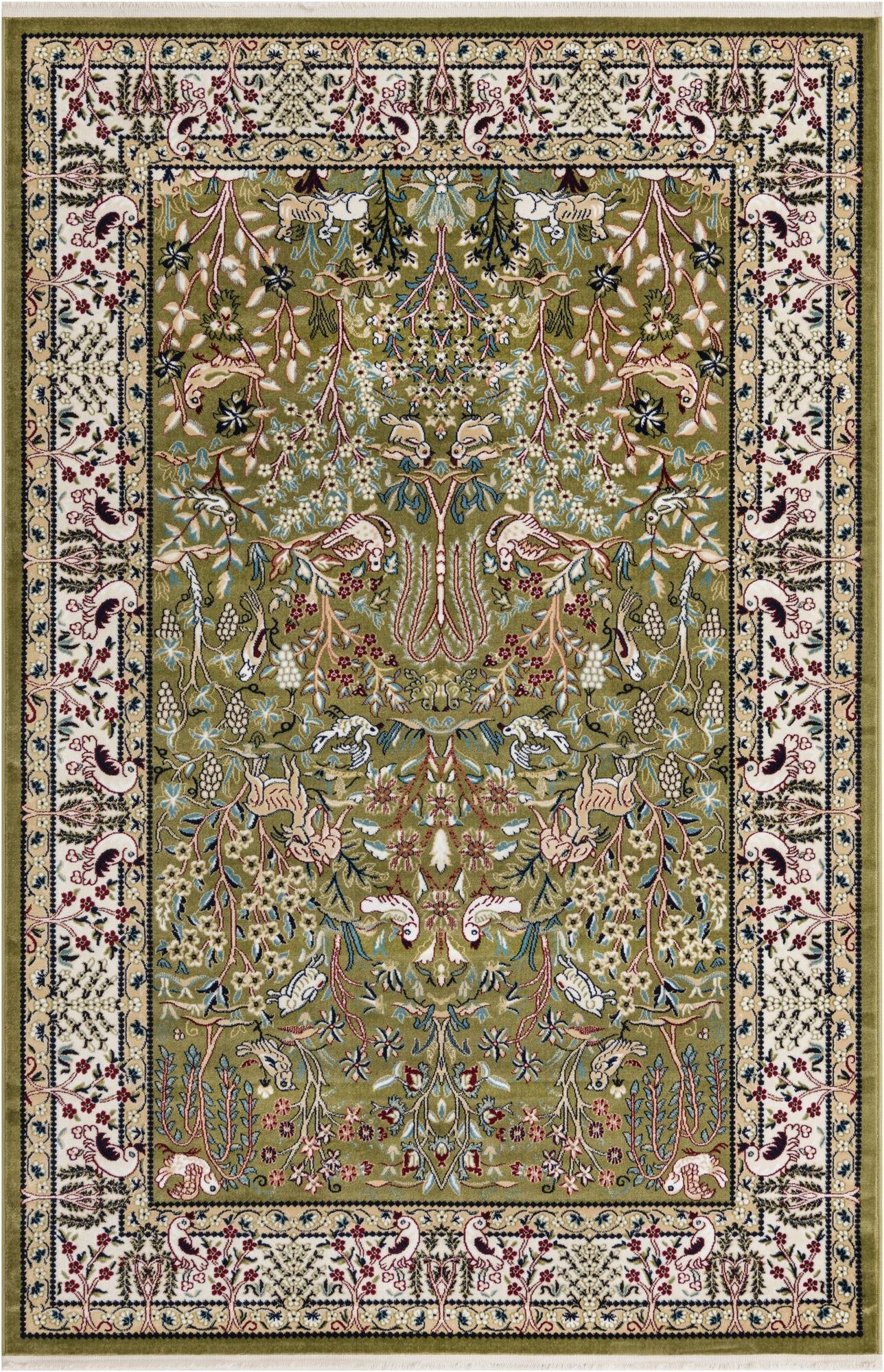 A rectangular 4x6 green oriental rug with a detailed floral and bird pattern, featuring a light border.