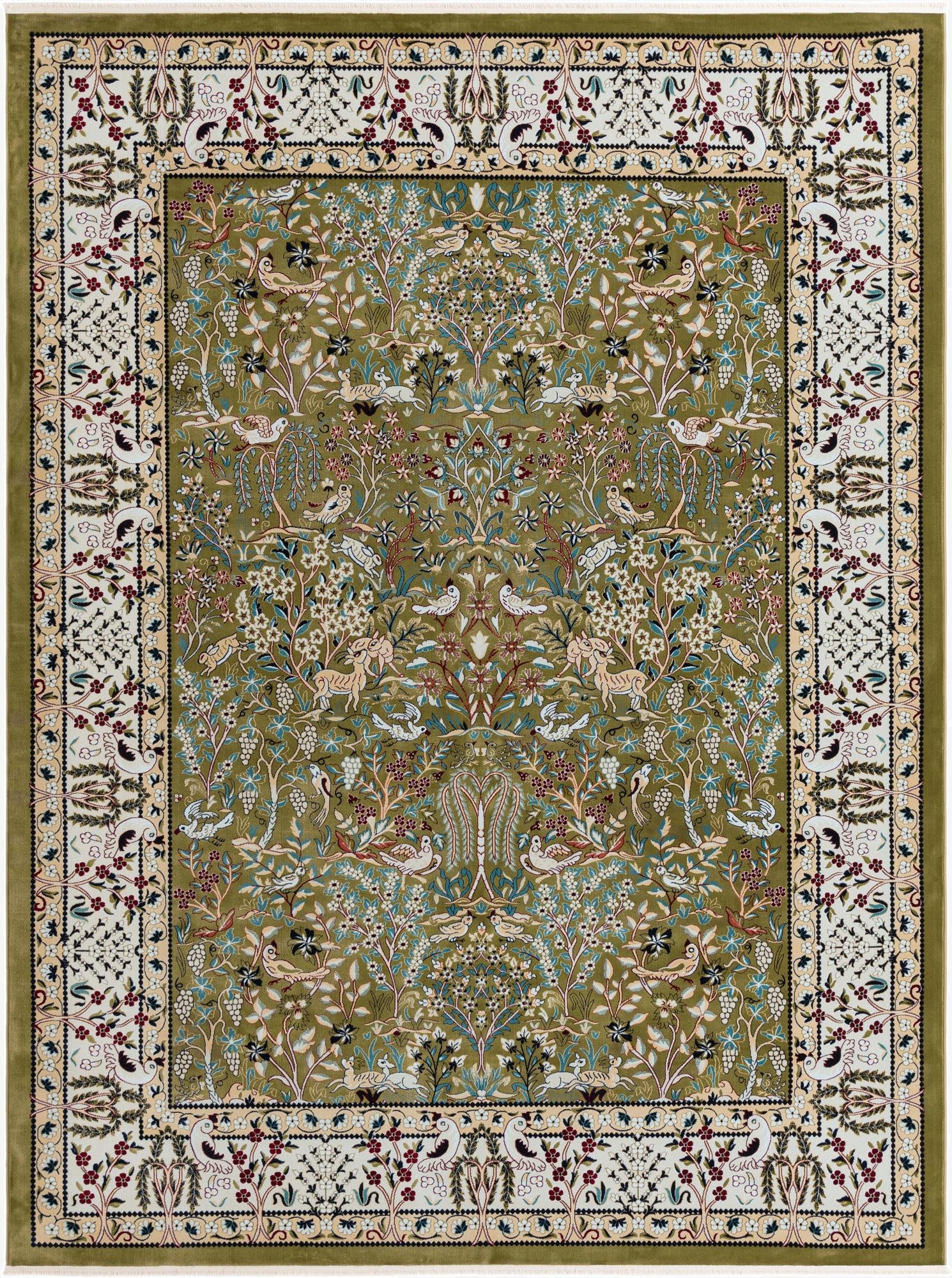 A 10x13 rectangular green traditional rug featuring a detailed botanical and oriental pattern with birds and deer.