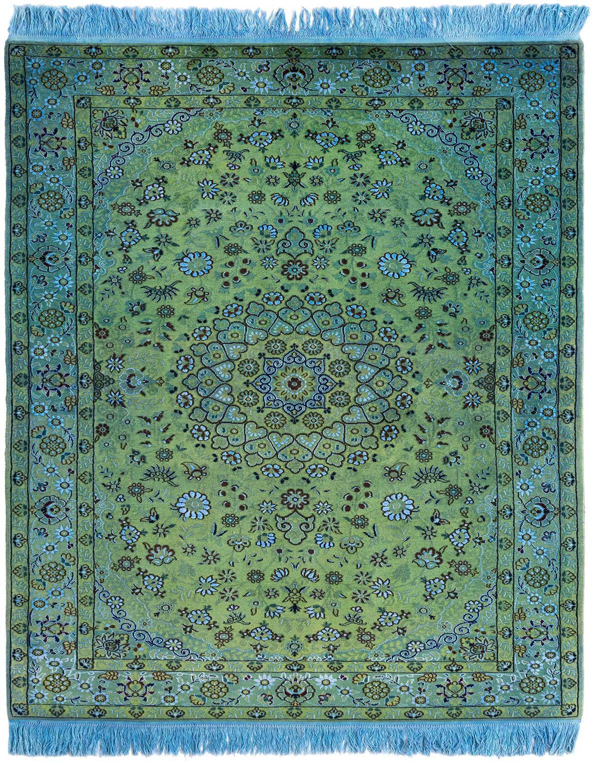 A 4x6 rectangular green Persian rug with a detailed floral medallion pattern and light blue fringe.